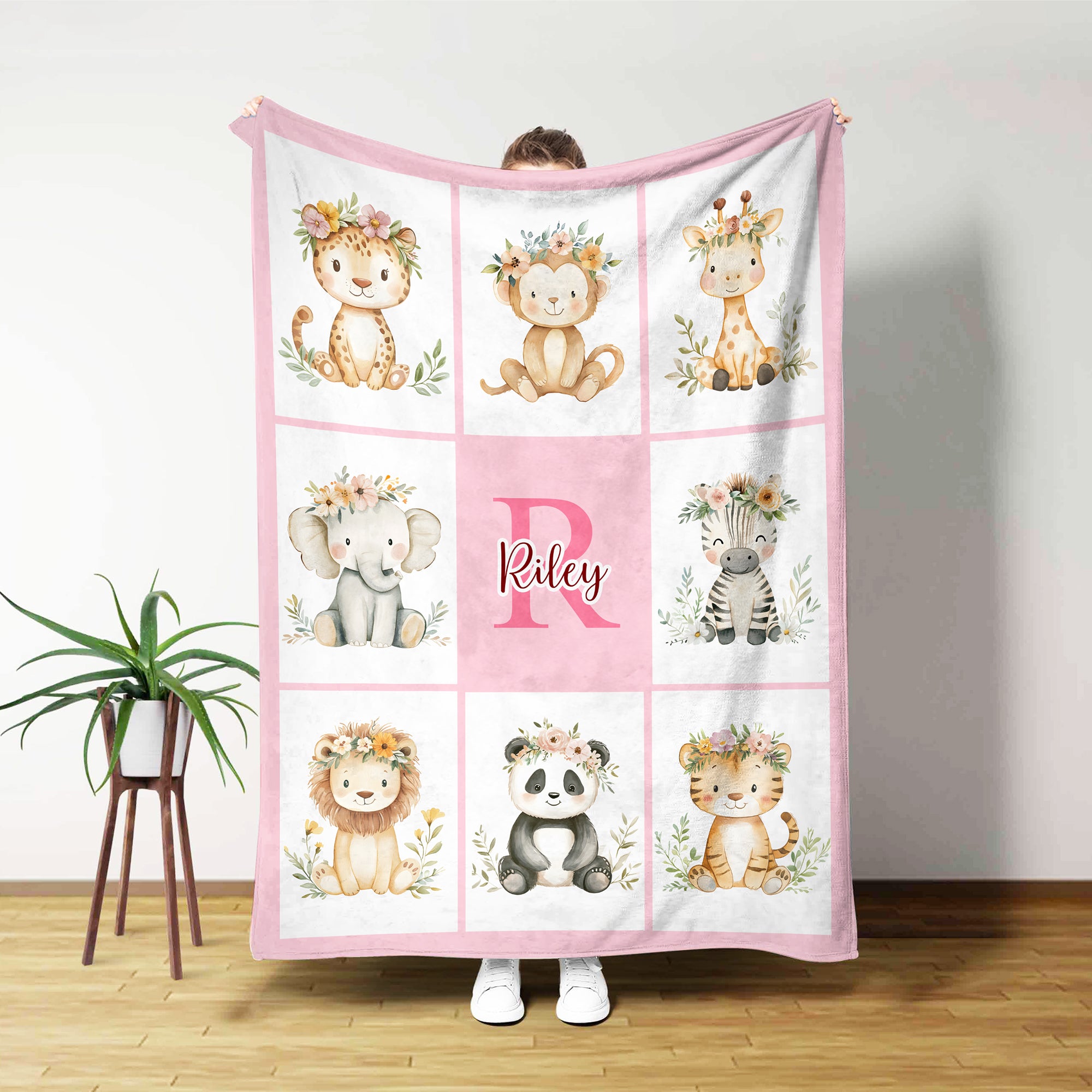Corona de flores personalizada Mono leopardo Animal bonito Manta suave con inicial y nombre Cumpleaños Regalo de Navidad para niños Niñas