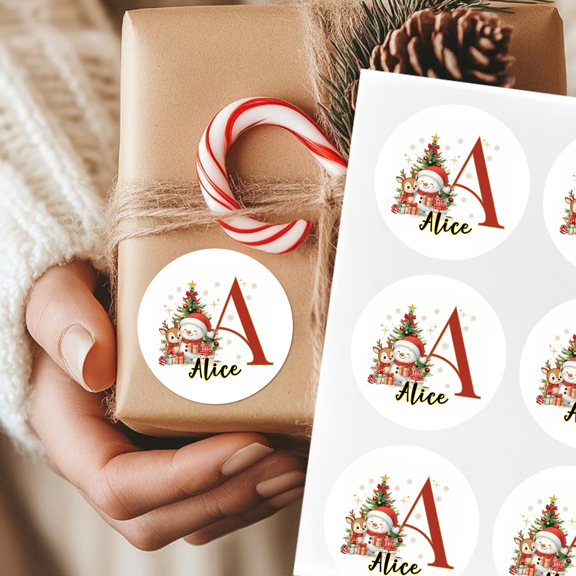 Árbol de Navidad Personalizado Muñeco de Nieve Inicial Set de 2 Pegatinas Impermeables con Nombre Fiesta de Navidad Regalos para Niños Familia Amigos