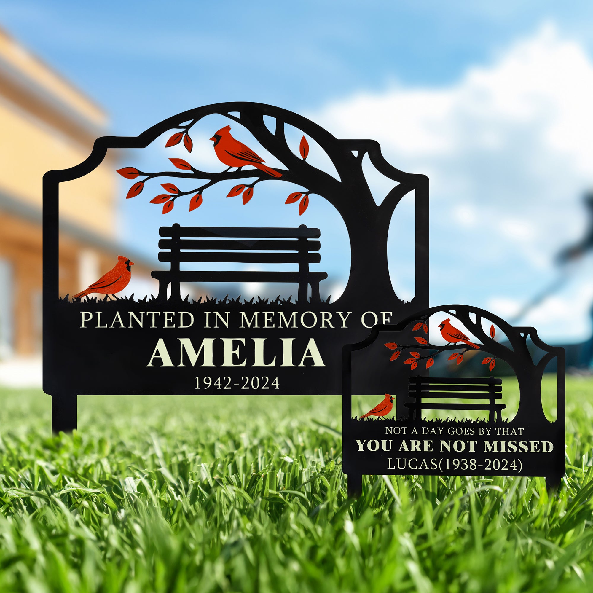 Estaca de jardín personalizada con temática de pájaro cardenal y texto con nombre y año Decoración de jardín Regalo conmemorativo por la pérdida de un familiar o amigo