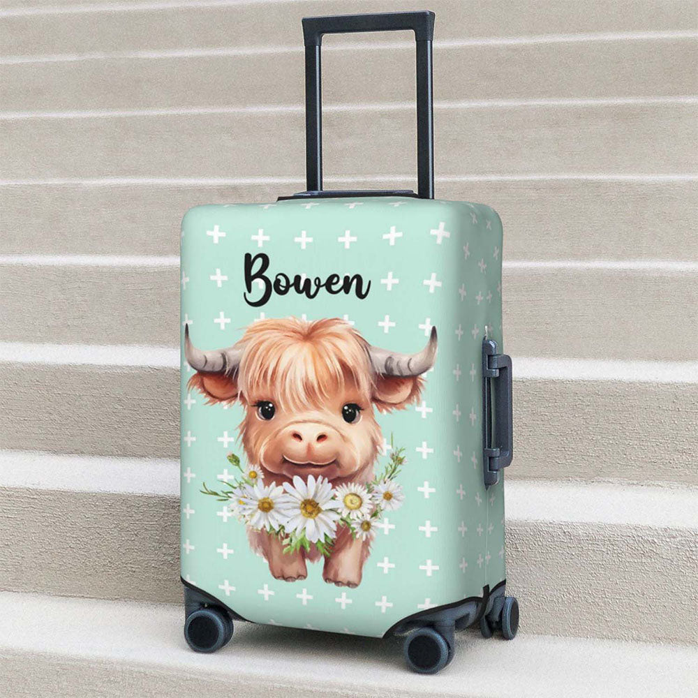 Personalizado lindo Highland Vaca Nacimiento Flor Equipaje Funda protectora se adapta a 18-32 pulgadas Maleta con nombre Accesorios de viaje Regalo de cumpleaños para las mujeres