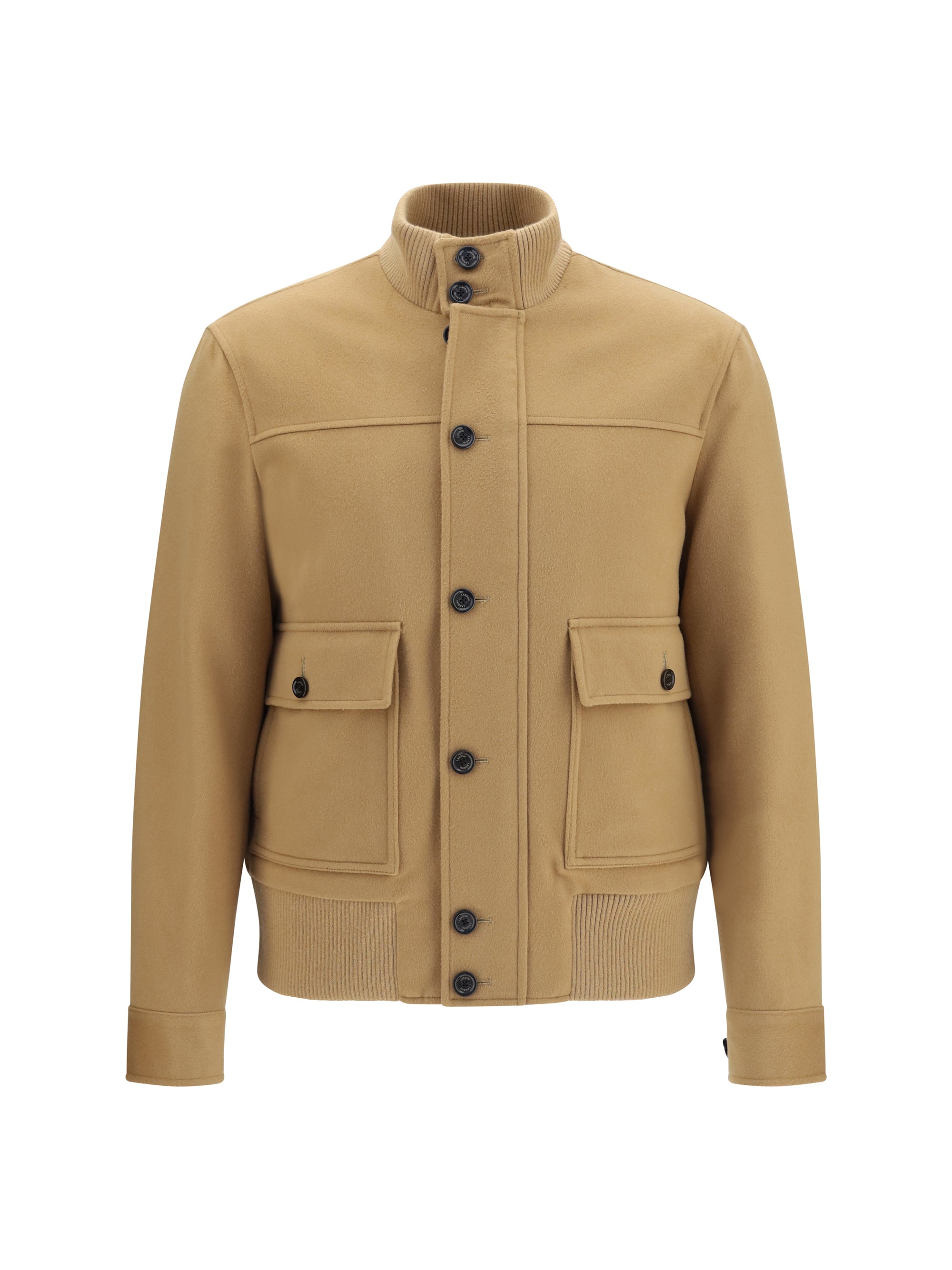 Lardini Merino Wool Blend with Ribbed Trims Jacket — Beige