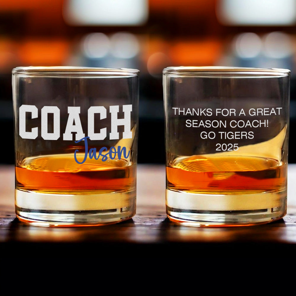 Vaso de whisky personalizado Thanks Coach Old Fashioned Rocks 10 oz con nombre y texto Regalo de agradecimiento de cumpleaños de fin de temporada para el entrenador