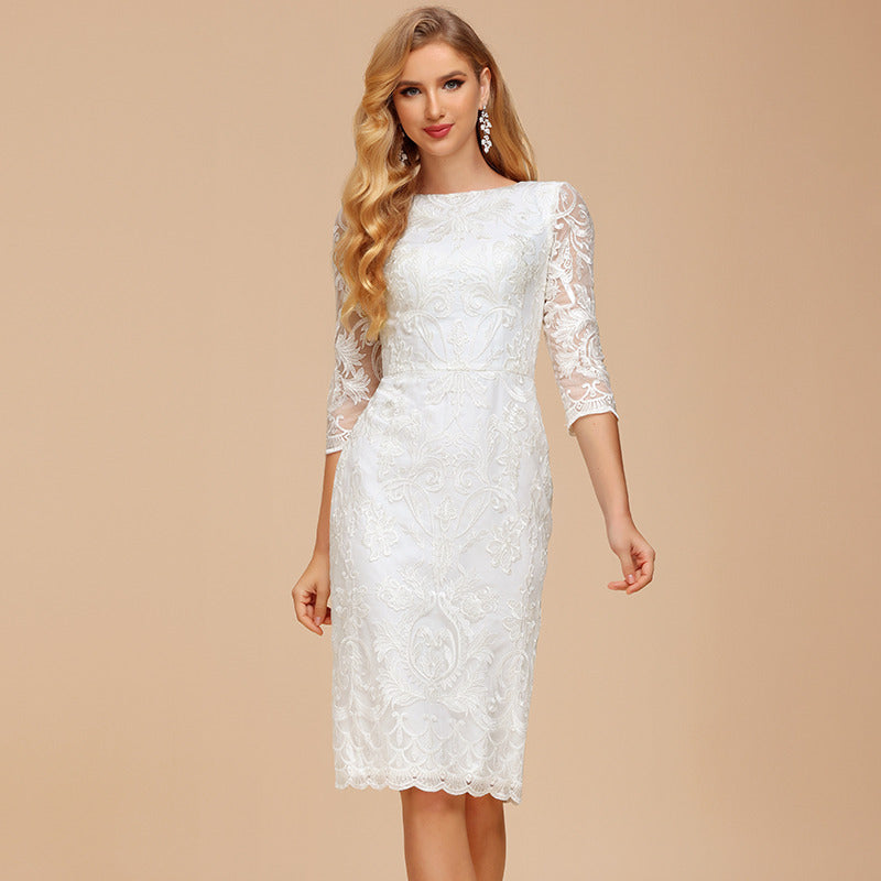 Bridal Wedding Dress Ivory 1 2 Sleeve Short Boat Neck Sheath Lace