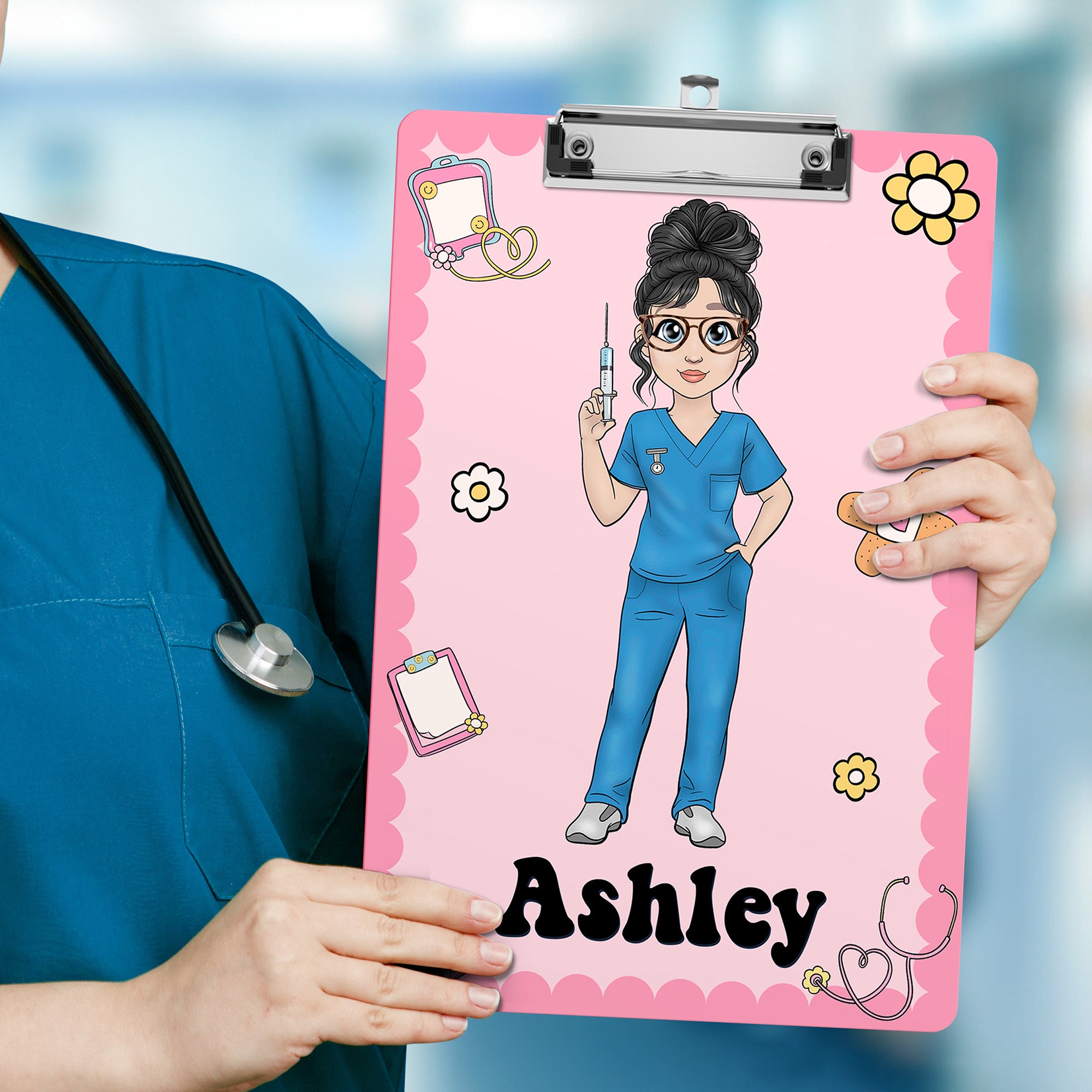 Portapapeles colgante con clip de perfil bajo para herramientas médicas personalizado con personaje de dibujos animados Regalo de agradecimiento de graduación para enfermera médico estudiante de medic