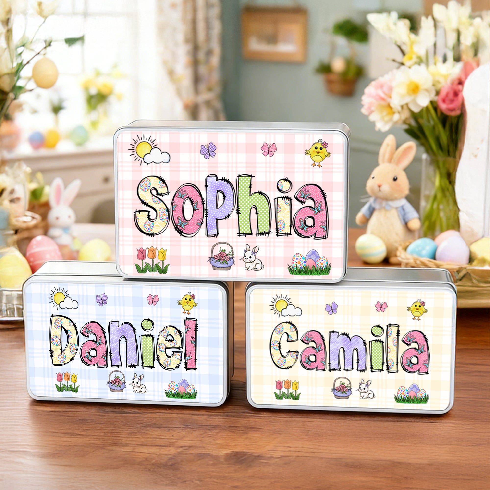 Huevos de Pascua personalizados con flores de conejo Caja de galletas de metal de calidad alimentaria con nombre Regalo de Pascua de uso diario para niños Niñas Niños