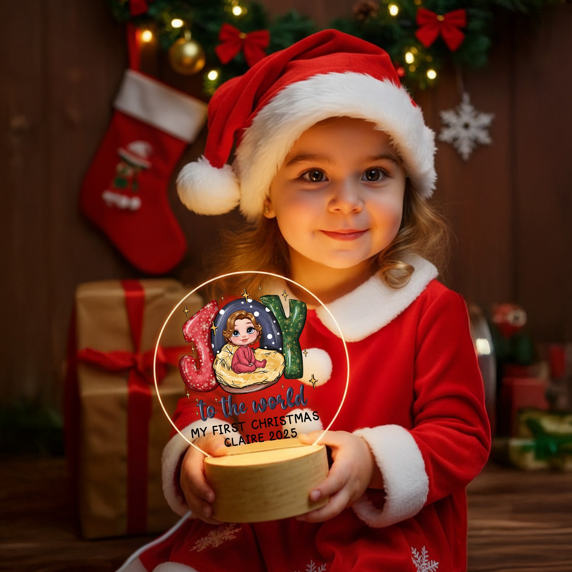 Joy To The World My First Christmas LED Night Light personalizada con nombre del año y base de madera Decoración de la habitación Regalo de Navidad para recién nacidos Bebés