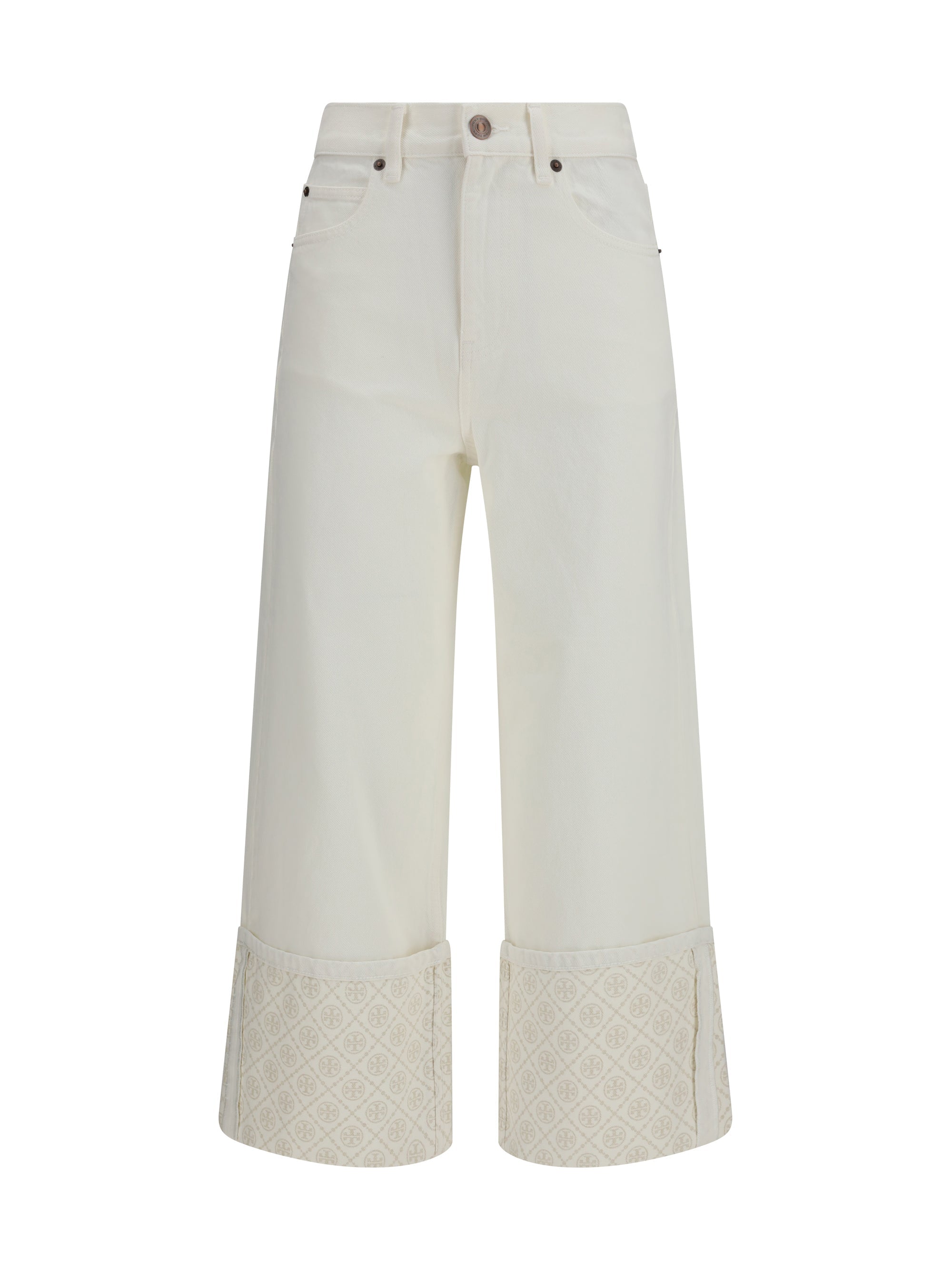Tory Burch T Monogram Contrast Cuff Jeans — White