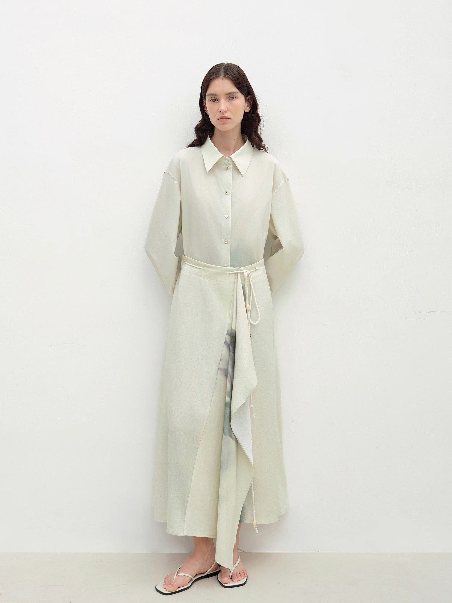 Green Time lapel side slit two-wear cotton printed shirt