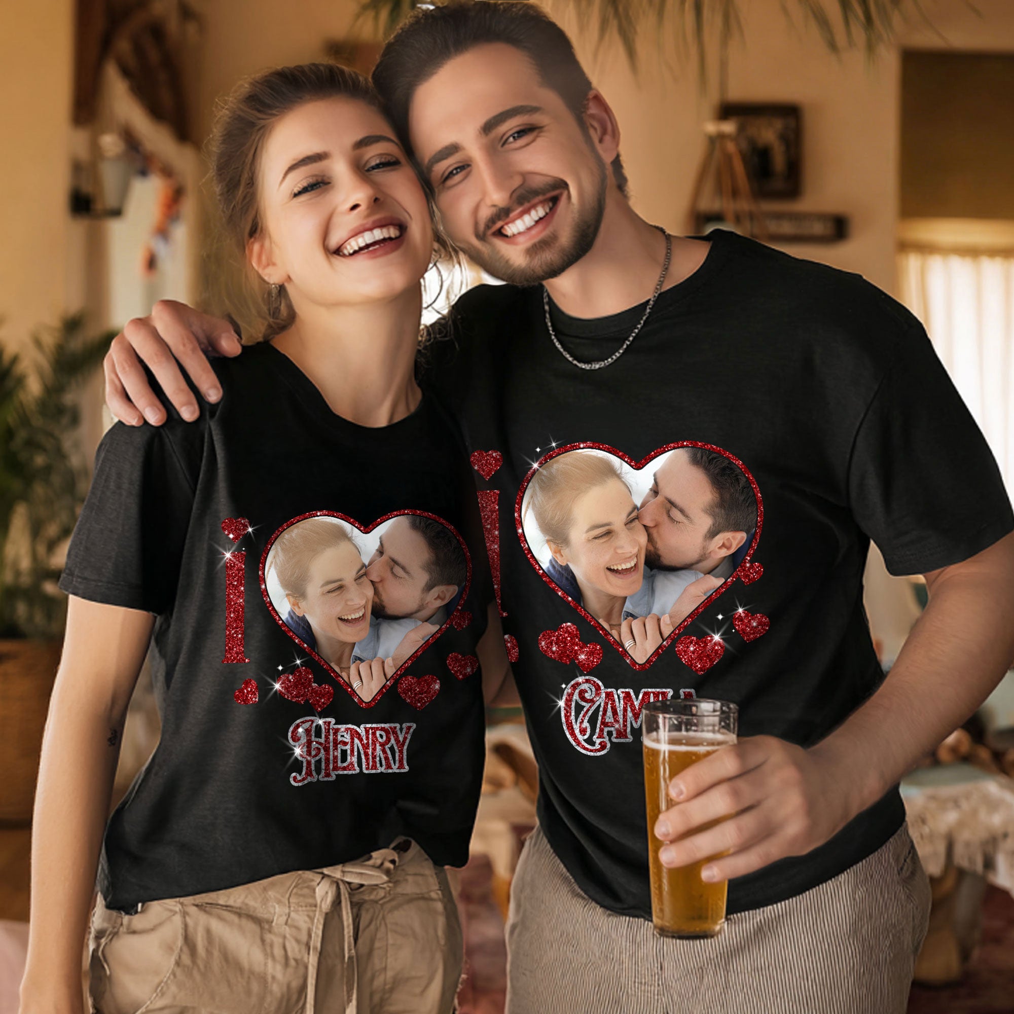 Personalizada brillante brillante en forma de corazón de diseño de la foto camiseta sudadera con el nombre de San Valentín Día del Aniversario de Regalo para Pareja Esposo Esposa