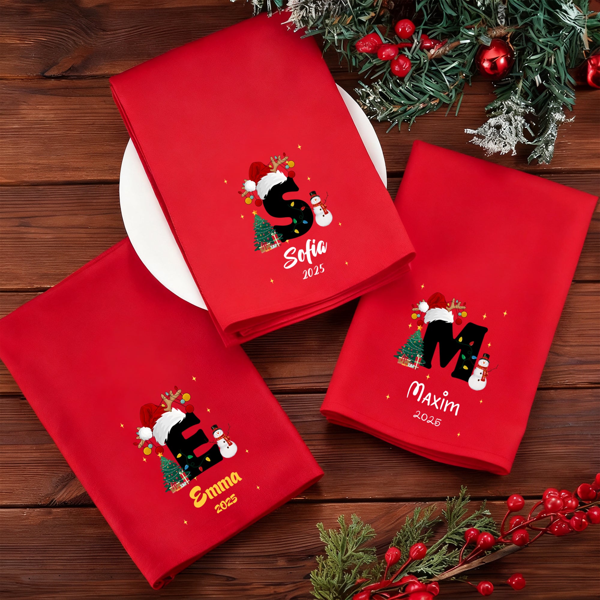 Sombrero de Santa Personalizado con Inicial de Muñeco de Nieve 100% Algodón Servilleta Roja con Nombre y Año Decoración de Mesa de Fiesta Regalo de Navidad para Amigos de la Familia
