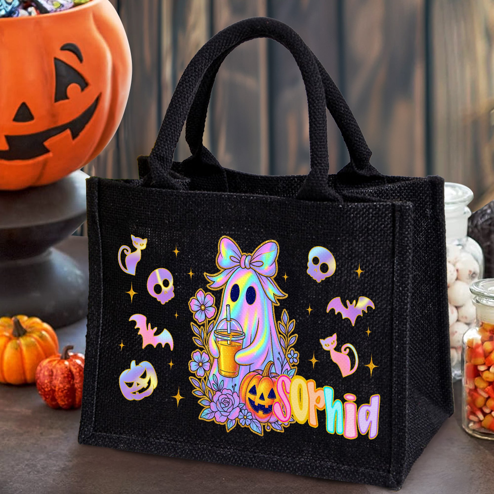 Bolsa de lino grande con nombre Truco o trato Fiesta de Halloween Regalo para niños Mujeres