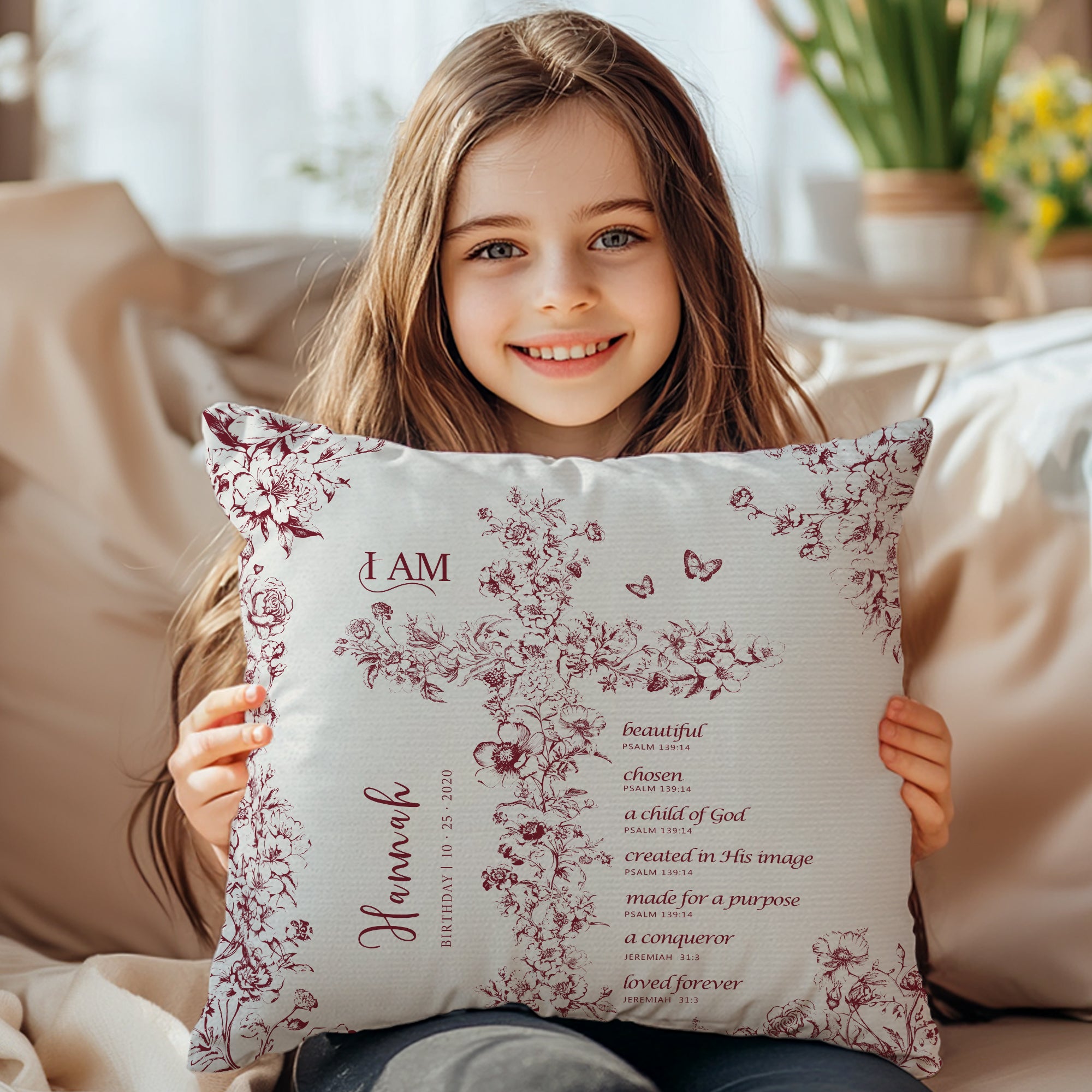 Personalizada Toile De Jouy Floral Cruz Biblia Capítulo Suave Funda de Almohada con Nombre Bautizo Cumpleaños Navidad Regalo para Chicas Cristianas