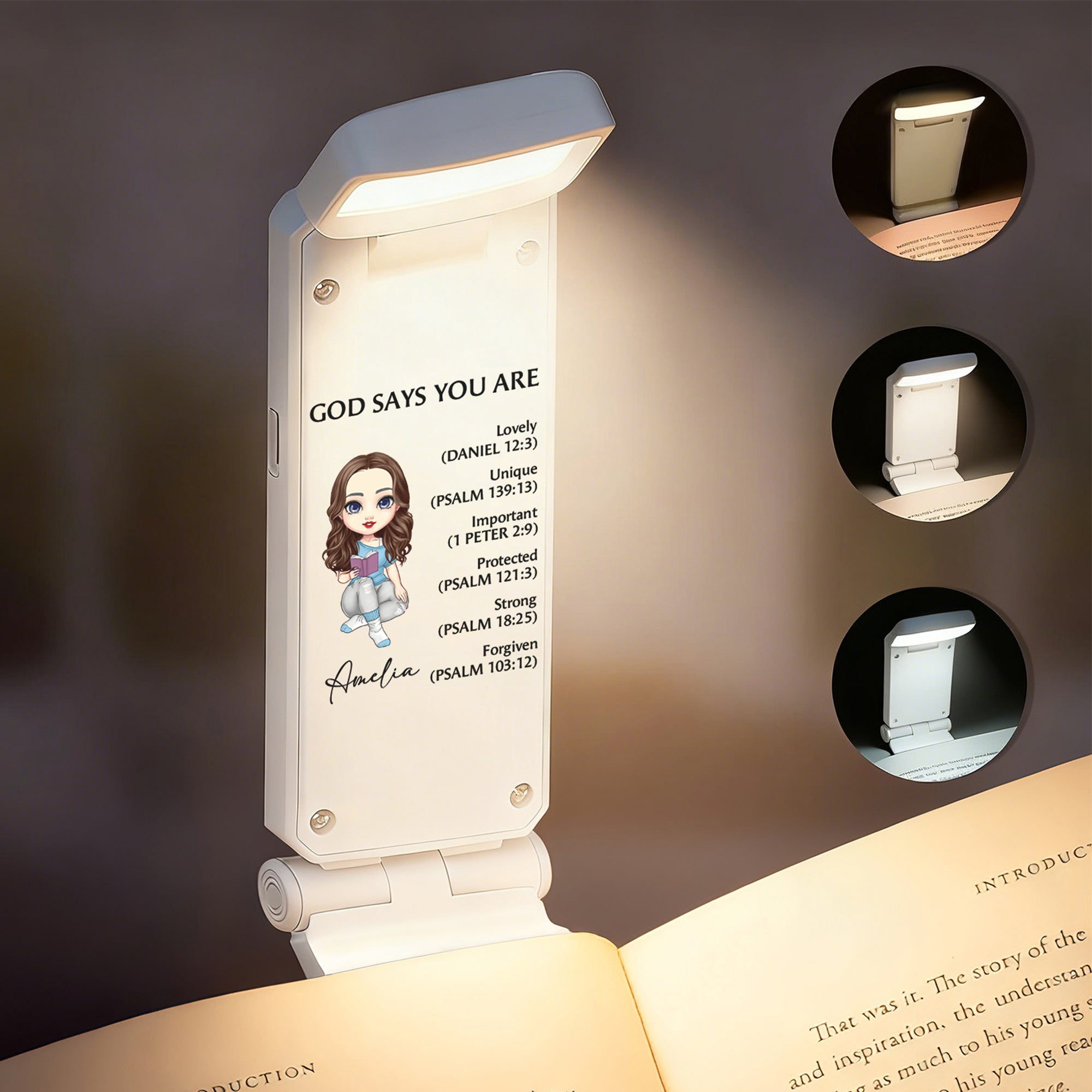 Clip luminoso LED recargable personalizado con el nombre de un personaje de dibujos animados que lee la Biblia Regalo de cumpleaños para los amantes de los libros cristianos