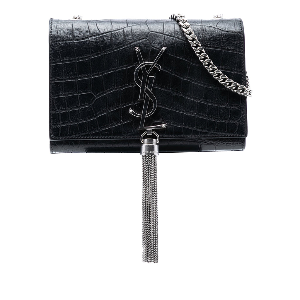 Small Croc Embossed Leather Monogram Kate Tassel Crossbody