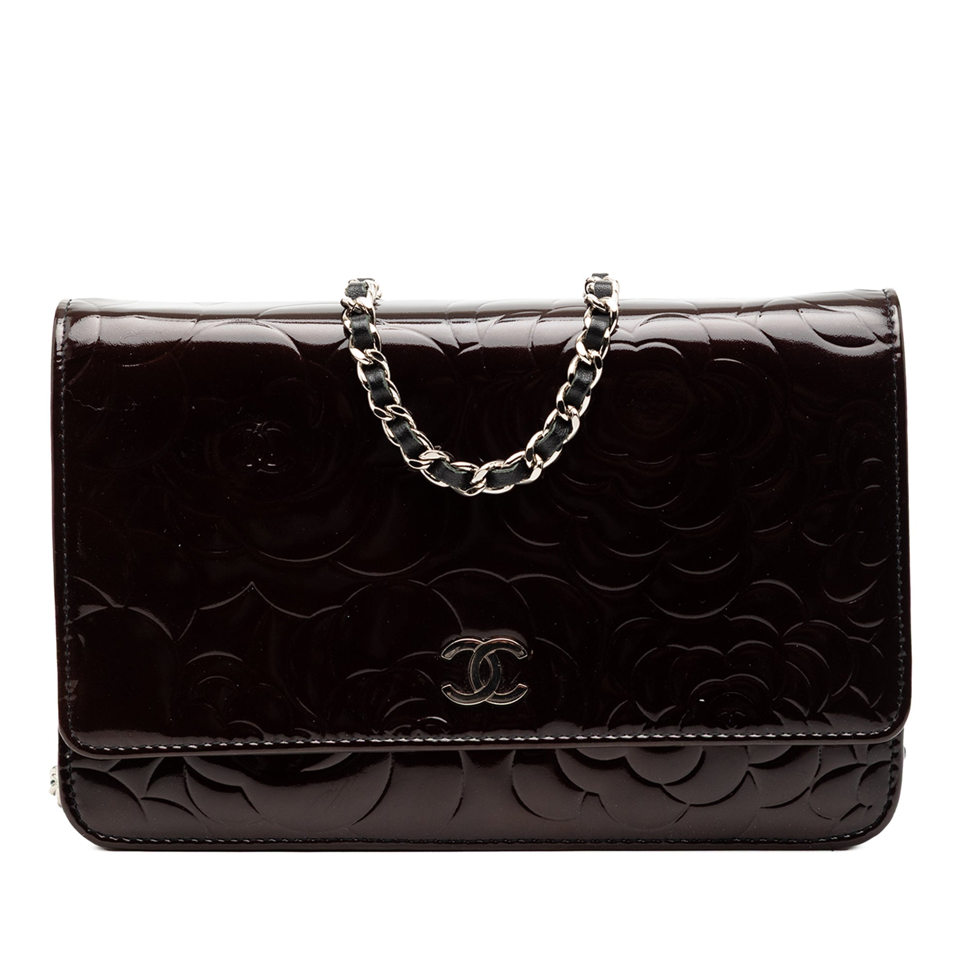 CC Embossed Patent Camellia Wallet On Chain