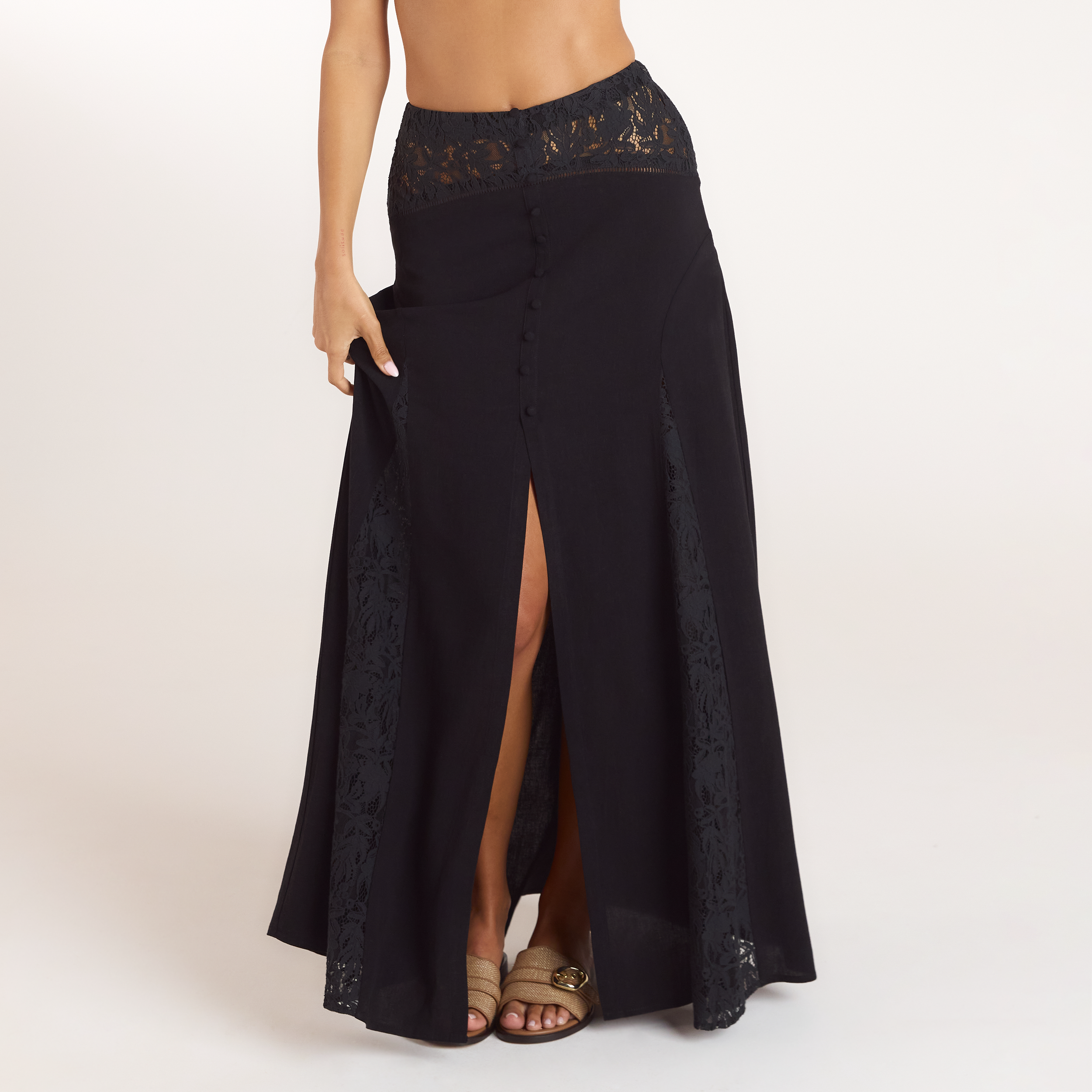 Lounge Underwear Lace Insert Maxi Skirt - Black