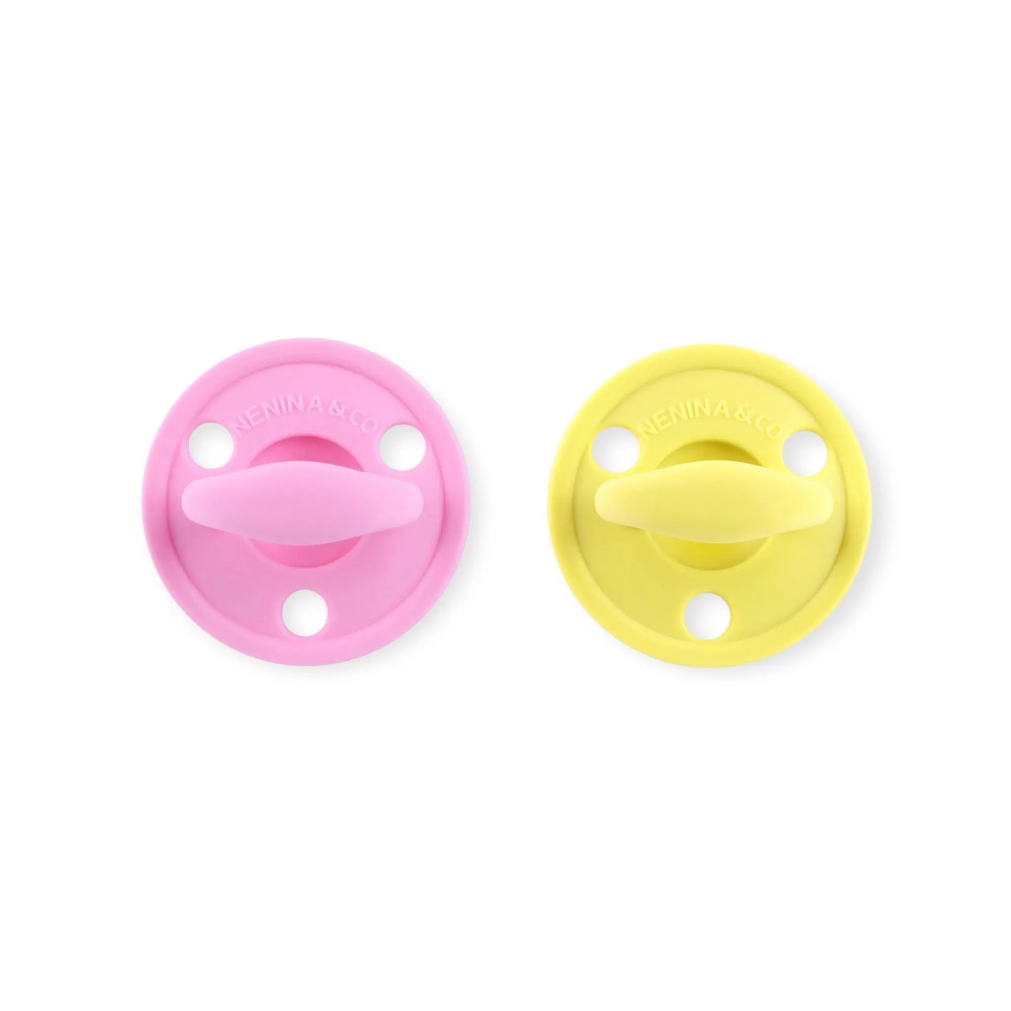 Kit 2 Chupetes Clásicos para Bebé Rosa Chicle y Amarillo | Silicona Orgánica Nenina & Co