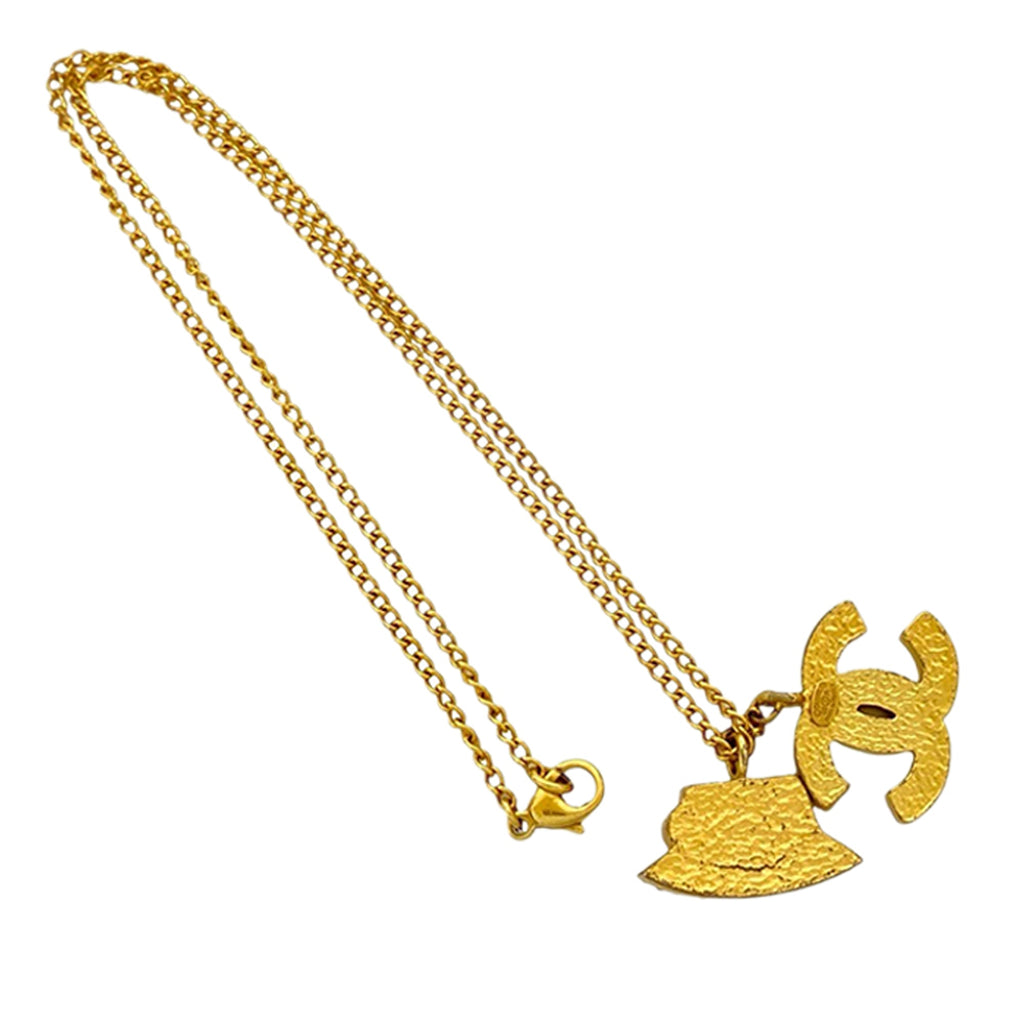 Gold Plated Rhinestone CC and Camellia Hat Pendant Necklace