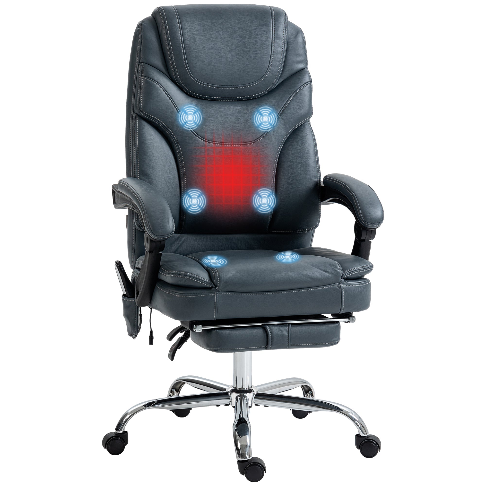 6-Point PU Leather Heated Massage Office Chair with Adjustable Height & Footrest, Grey