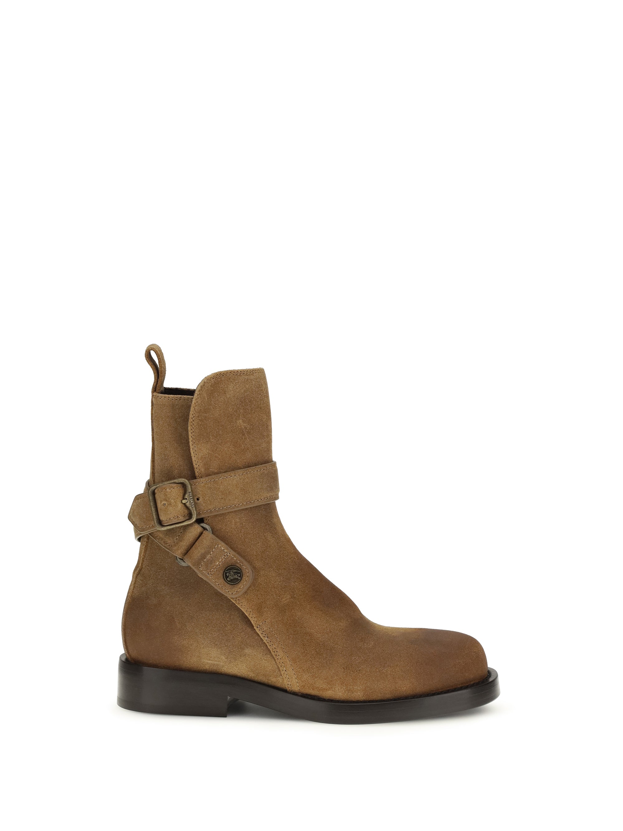 Burberry Buckle-Strap Suede Boot — Beige