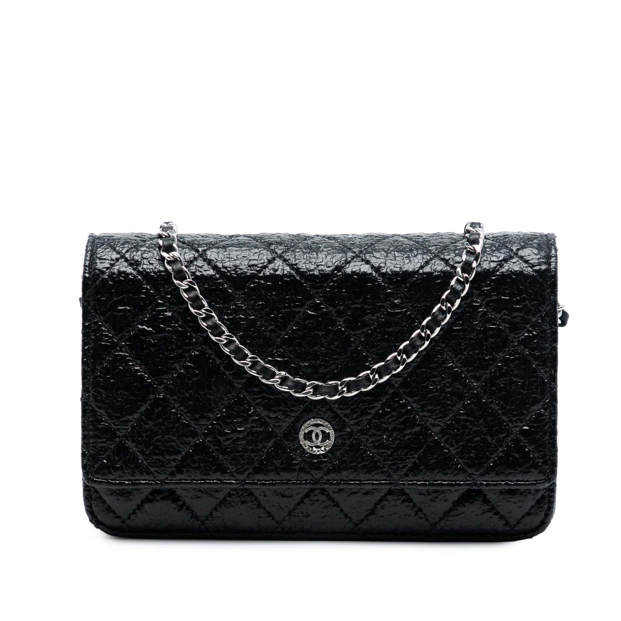 CC Quilted Crinkled Patent Wallet On Chain