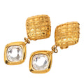 Gold Plated Quilted Diamond Shape Strass Drop Clip On Earrings