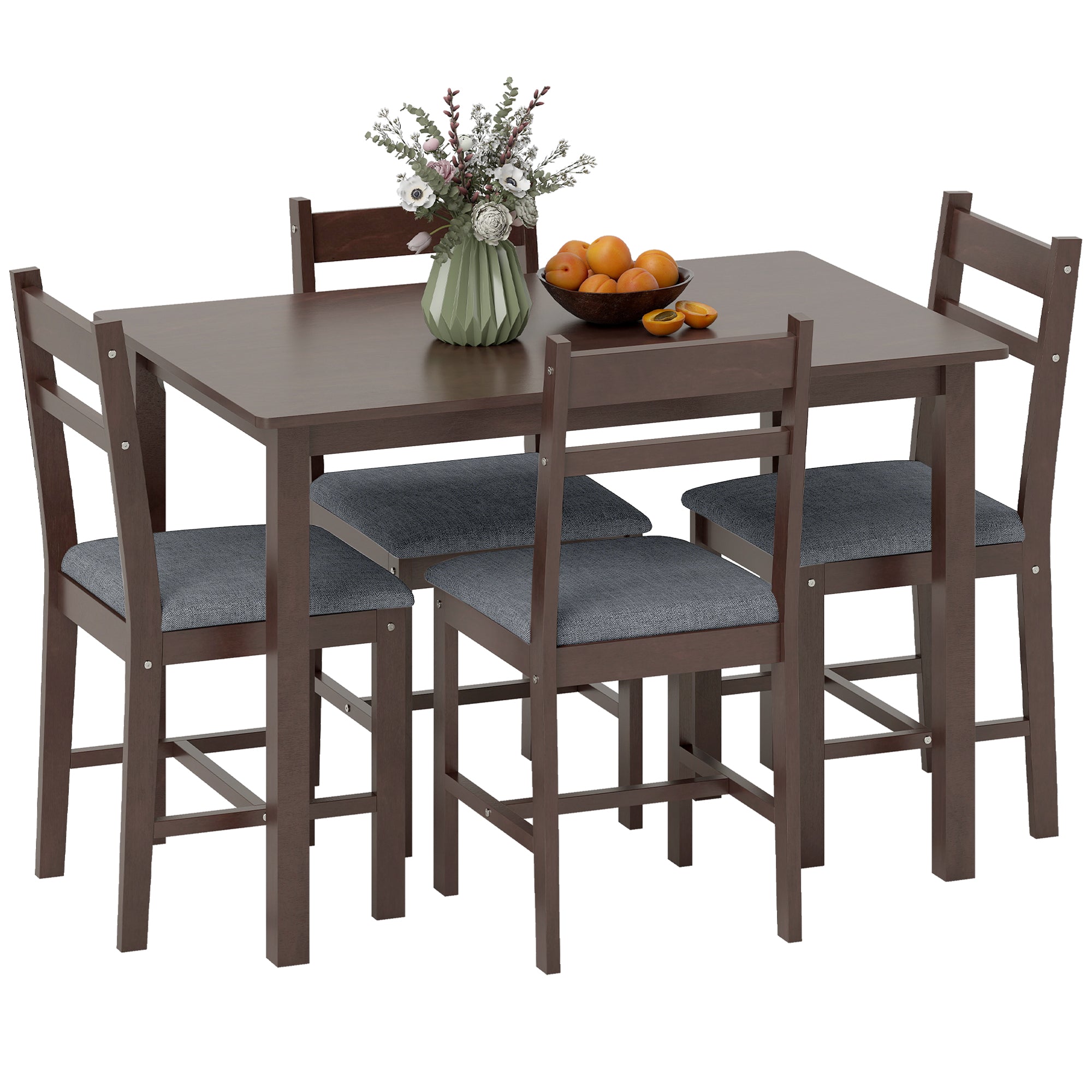 5-Piece Farmhouse Dining Table Set for 4 with Upholstered Chairs in Walnut and Gray