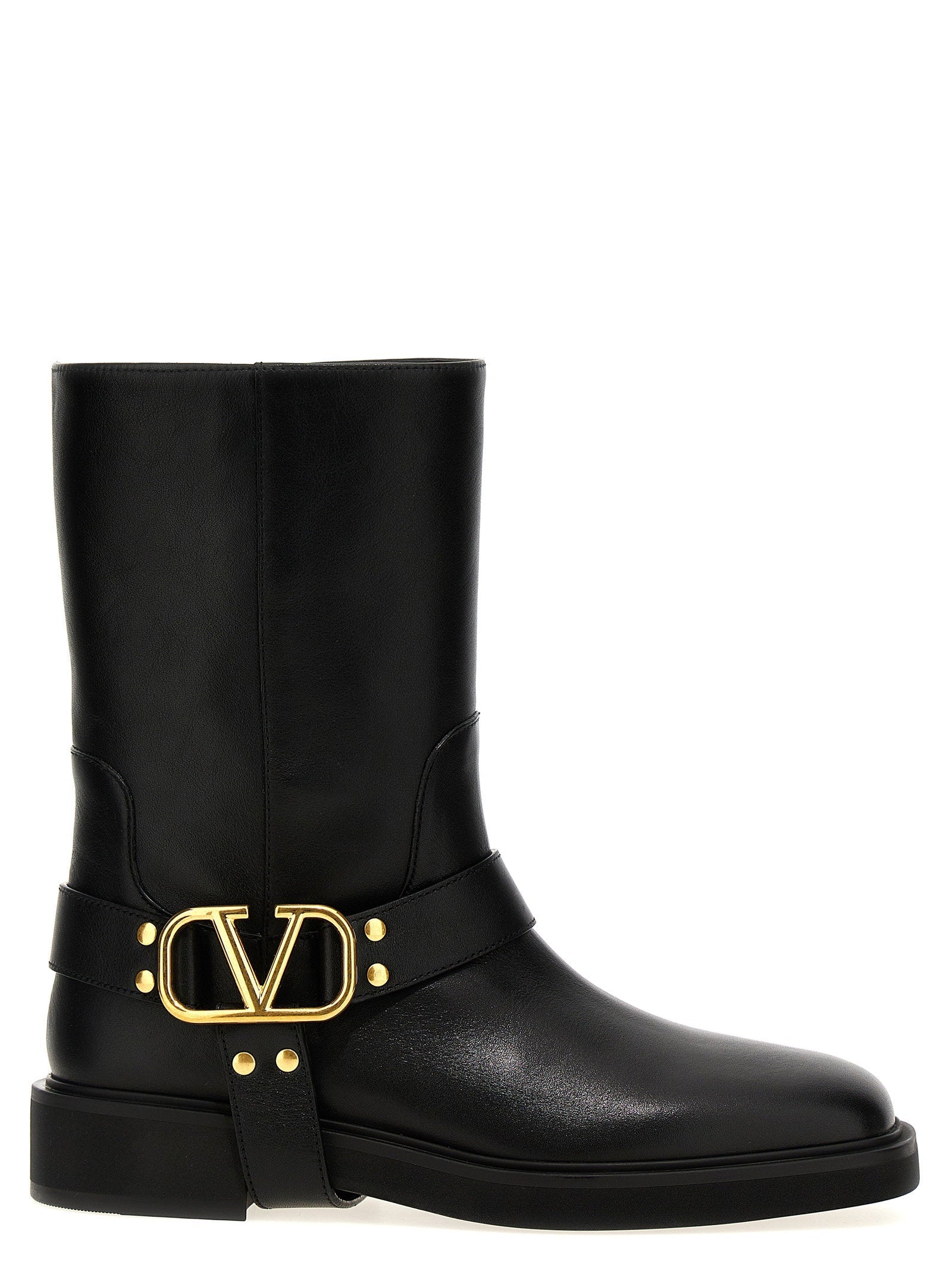 Valentino Garavani Gold-Embellished Leather Boot — Black