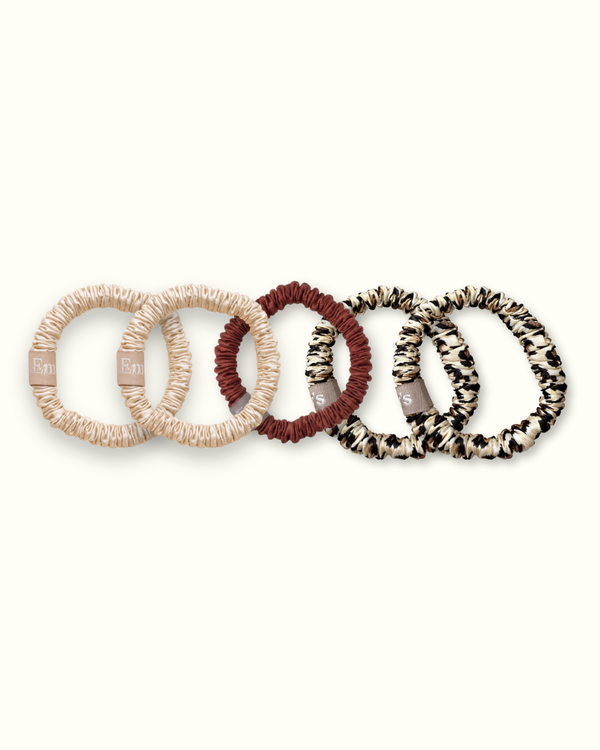 Lot de 5 Chouchous 100 % Soie - Le mini - Champagne (x2), Léopard (x2), Moka