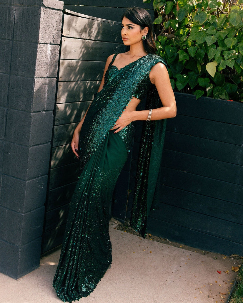 Emerald Green Ombre Sequin Georgette Sari By KYNAH, Luxury Indian Fashion & Bridal Wear