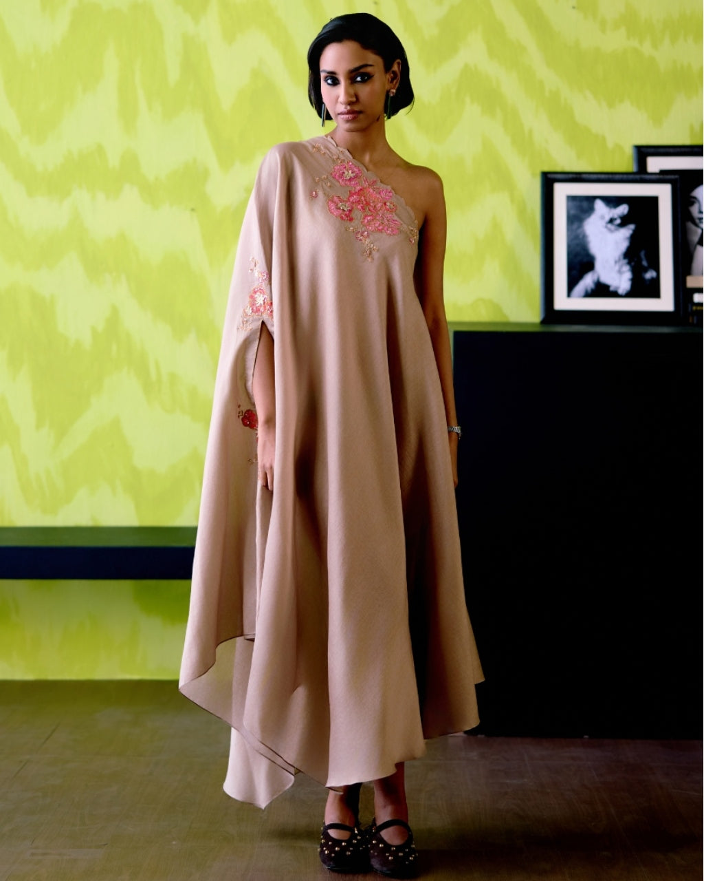 Mocha One Shoulder Dress By KYNAH, Luxury Indian Fashion & Bridal Wear