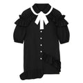 Black Asymmetric Puff Sleeve Ruffle Blouse