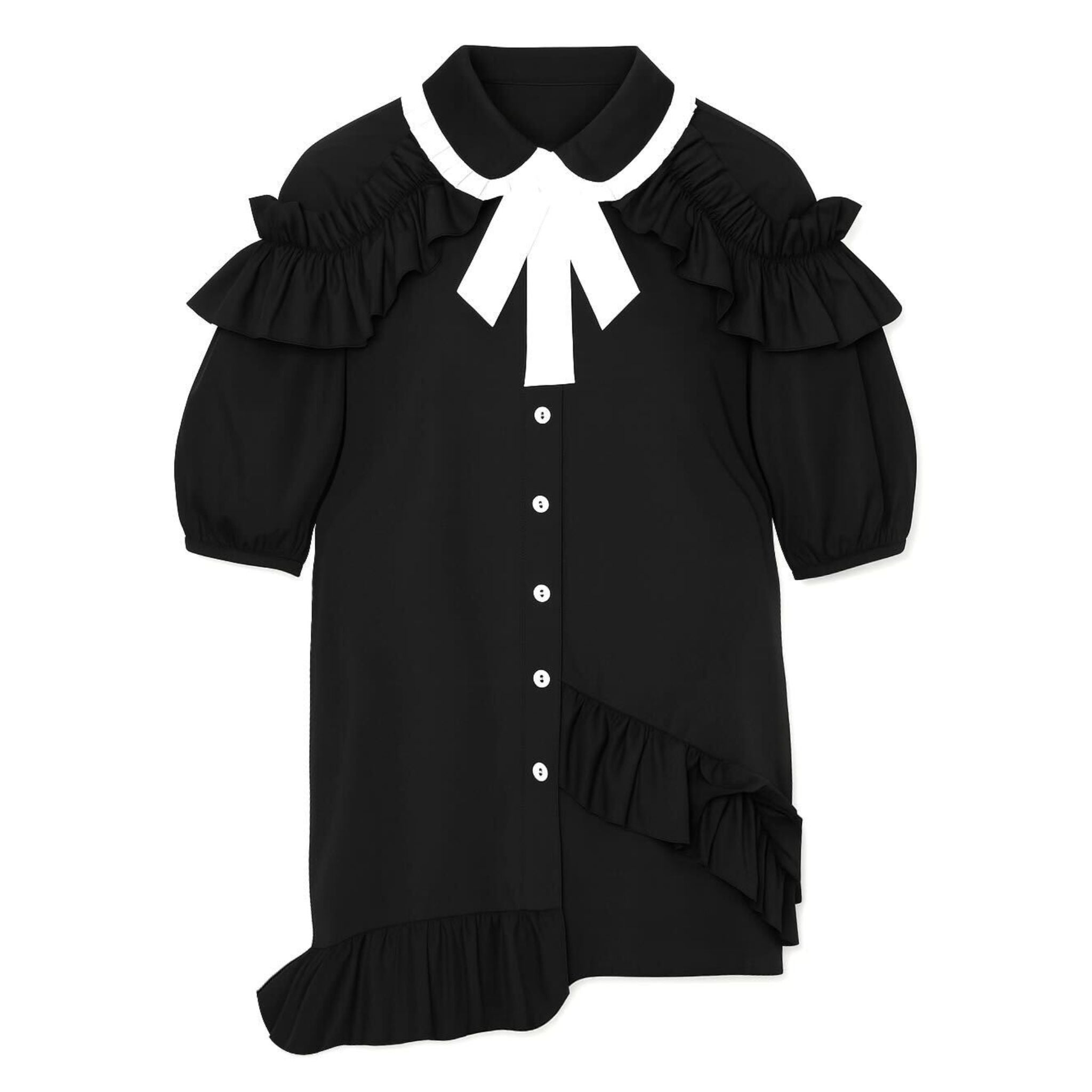 Black Asymmetric Puff Sleeve Ruffle Blouse
