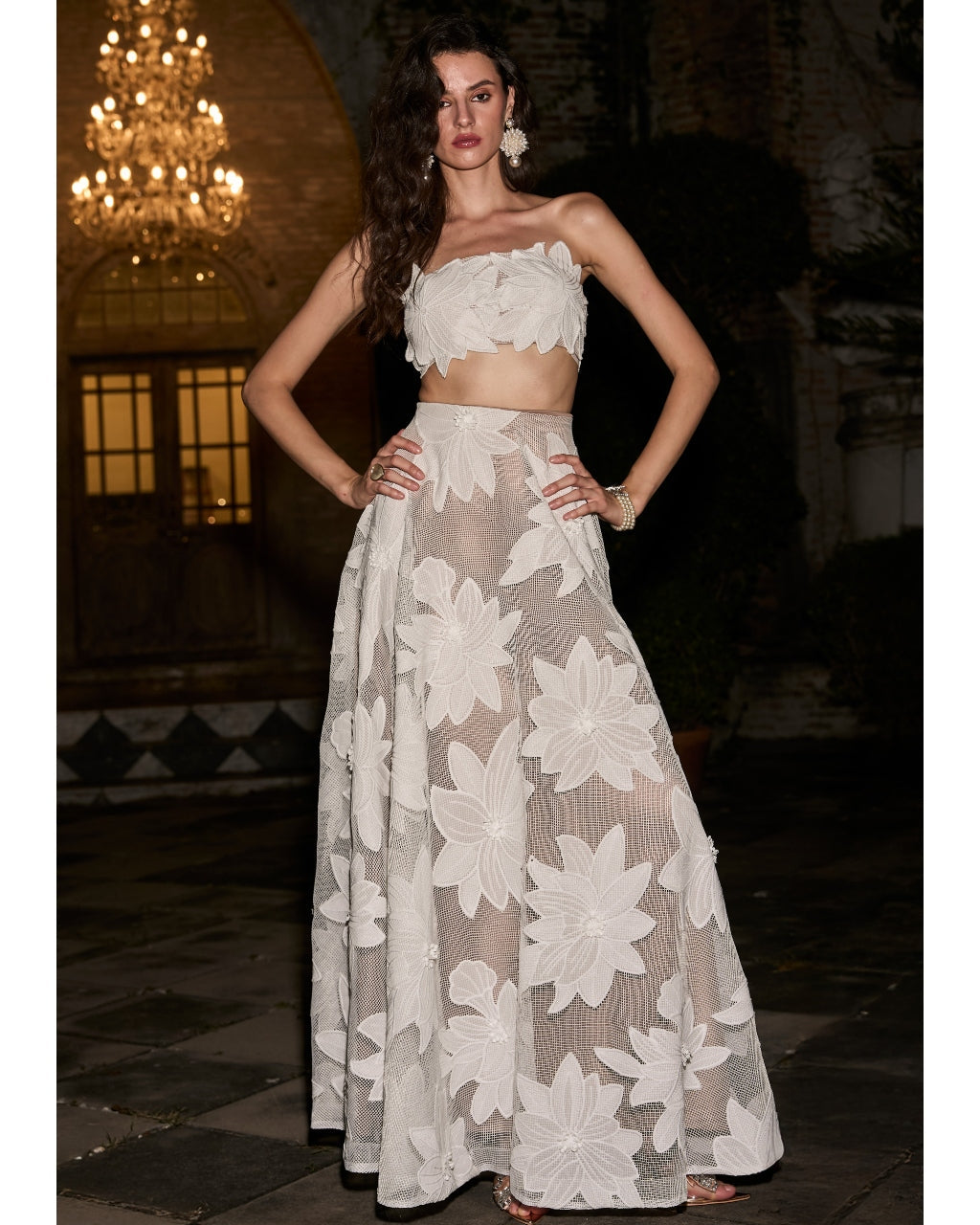 Floral Lace Appliqué Bandeau & Maxi Skirt Set By KYNAH, Luxury Indian Fashion & Bridal Wear