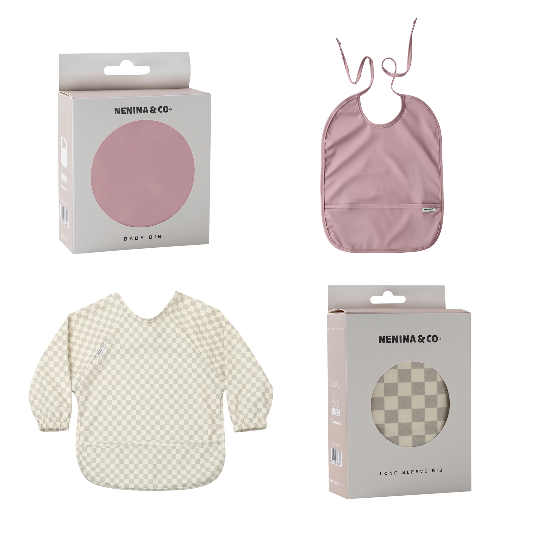 Babero con Manga impermeable Vichy Beige + Babero corto Nenina & Co