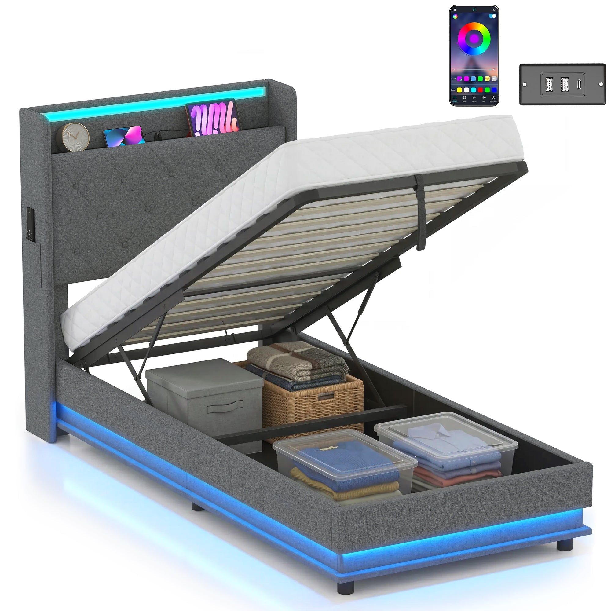 3ft Ottoman Bed with Hydraulic Lift, LED App-Control & USB Charging, Dark Grey
