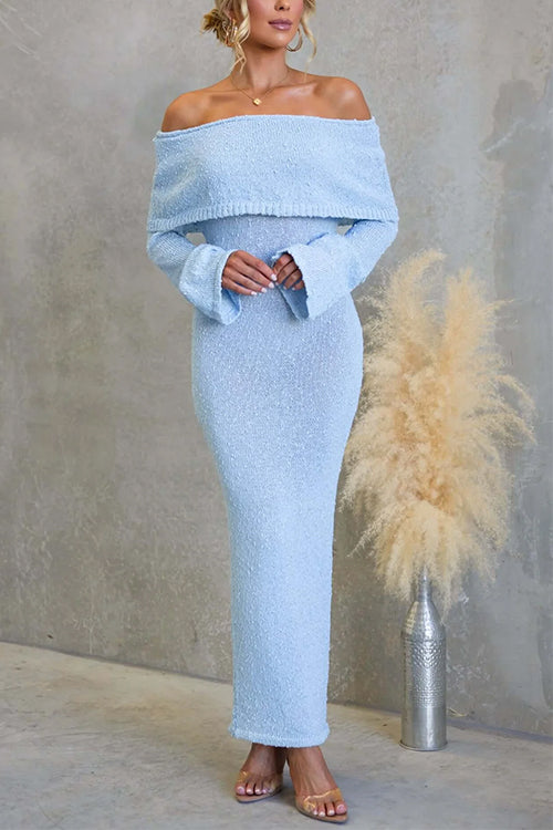 Off Shoulder Long Sleeves Bodycon Stretchy Maxi Dress