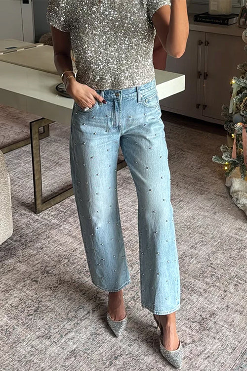 Rhinestone Embellished Pocketed Straight Leg Pants