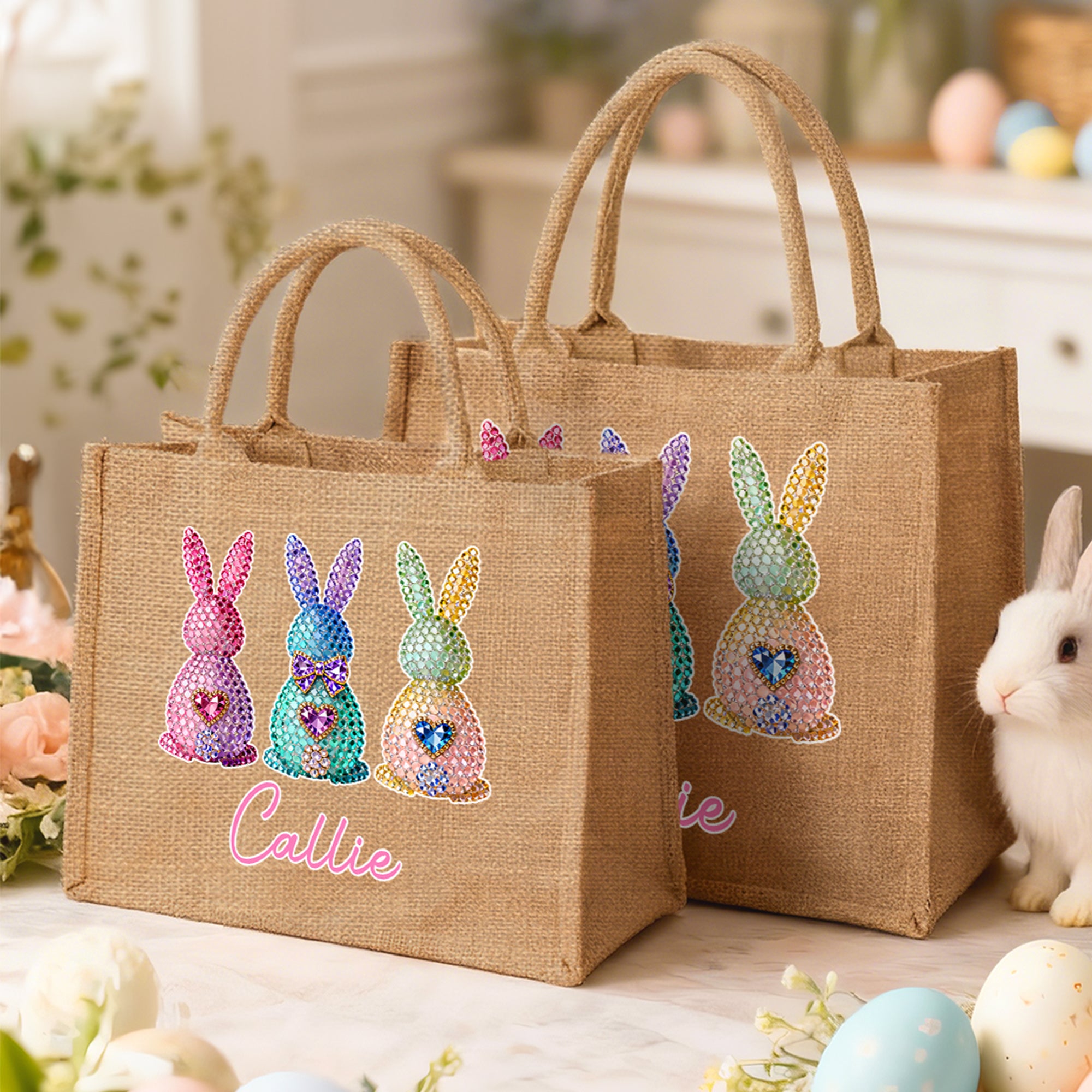 Bolsa de yute grande personalizada con diseño de diamantes y efecto corazón de conejo con nombre Regalo de Pascua de uso diario para niños Familia