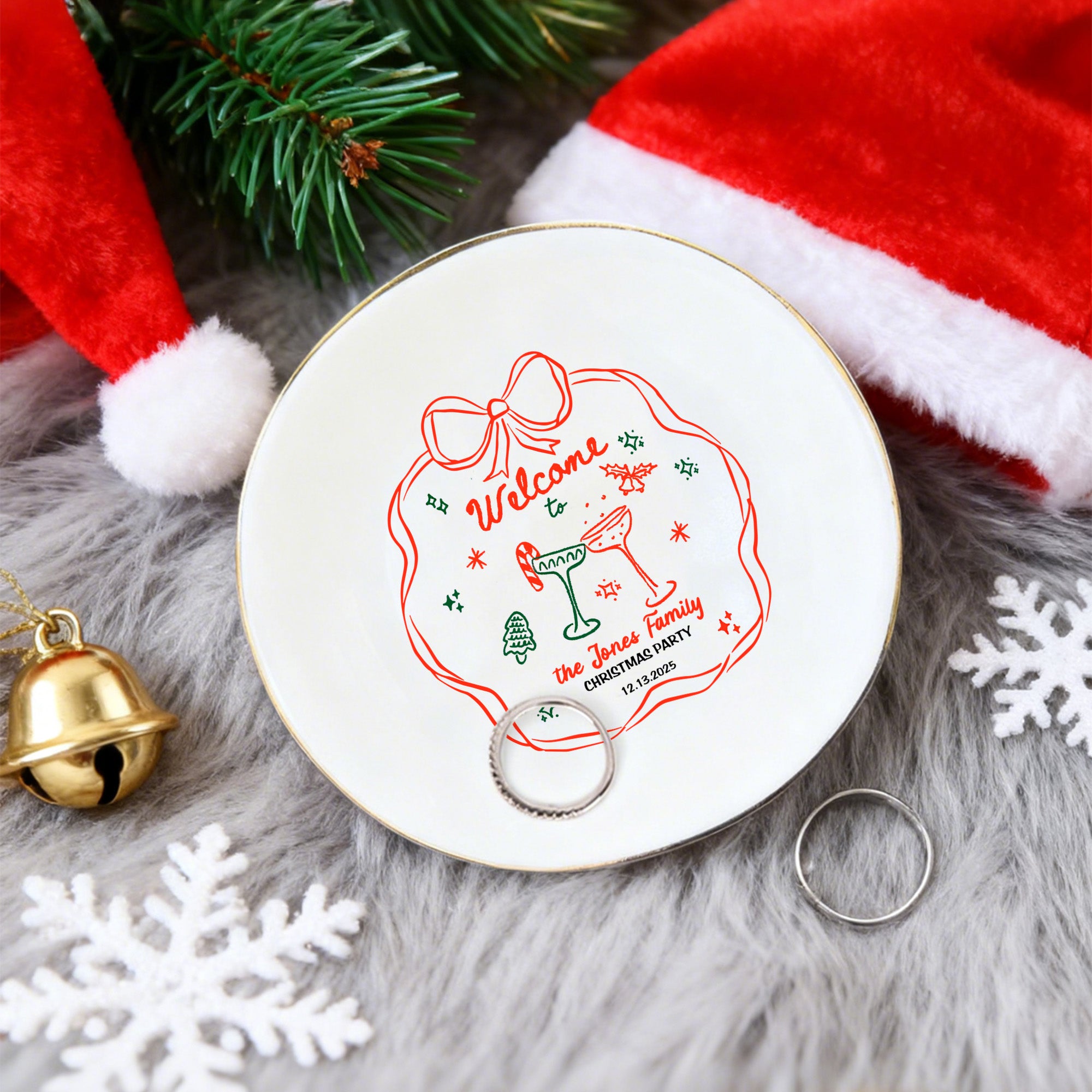 Personalizado pintado a mano estilo de bienvenida de Navidad tema de cerámica baratija joyería plato con el nombre de regalo de Navidad para la familia amigo