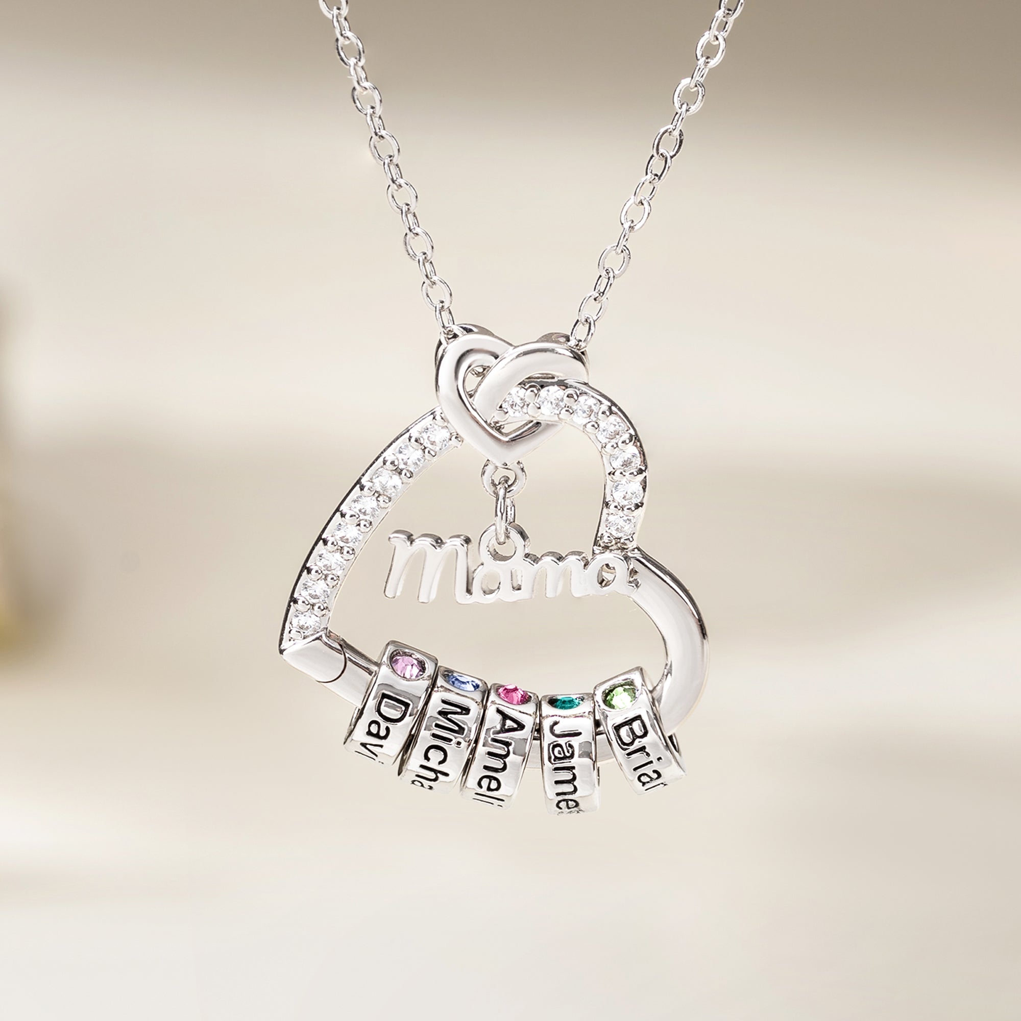 Personalizado Zircon Heart Outline Collar de plata esterlina con 1-8 piedras de nacimiento y nombres grabados Cumpleaños Día de la Madre Regalo para las mujeres Mamá Abuela