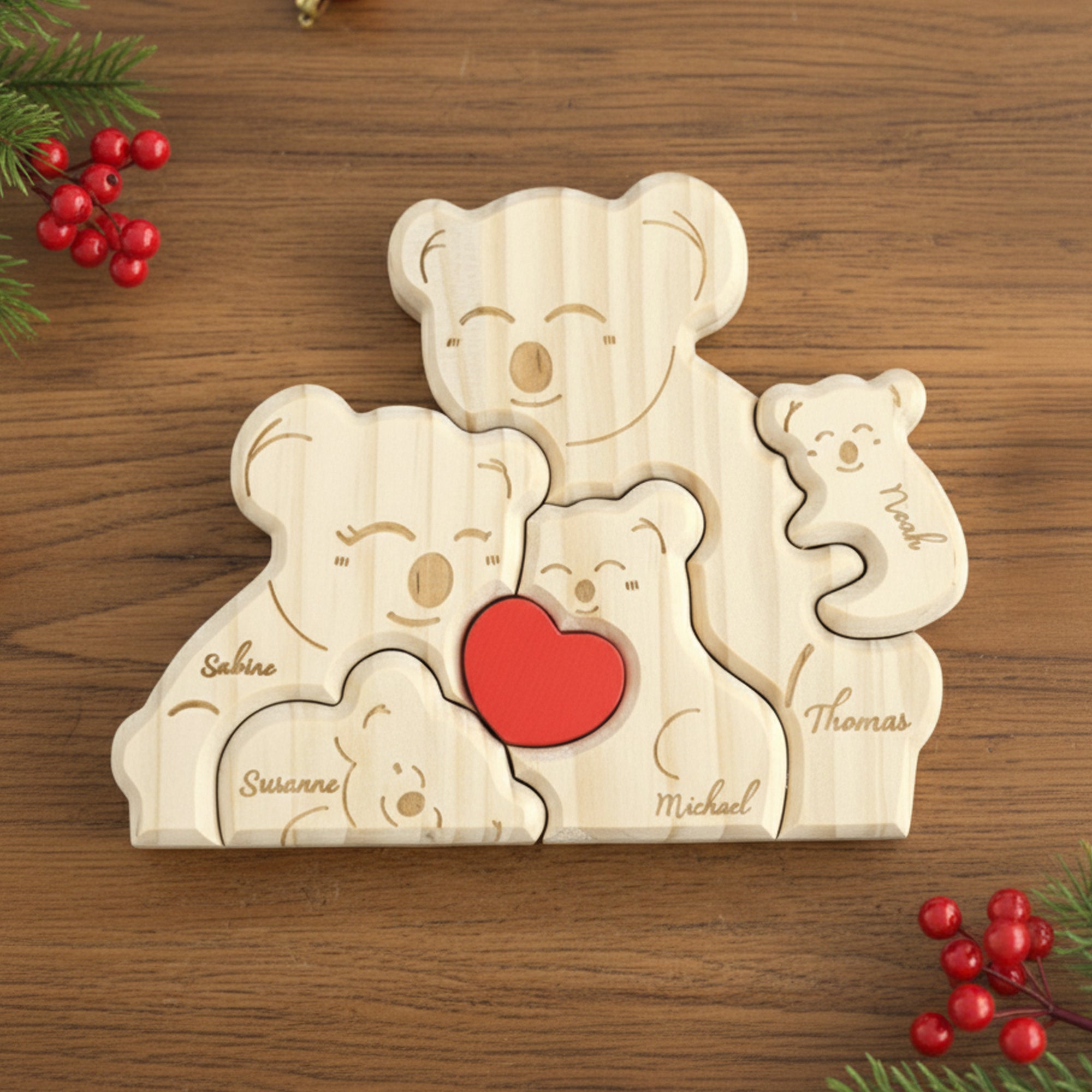 Rompecabezas de madera personalizado con familia de koalas y 2-5 nombres grabados decoración de escritorio regalo de aniversario para la familia