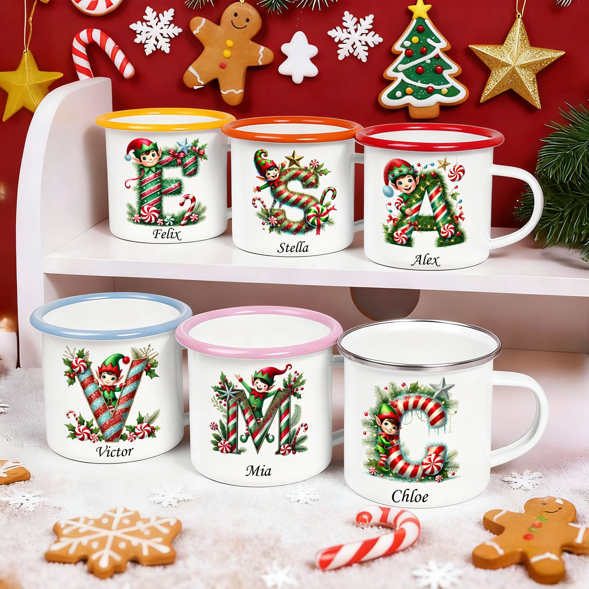Taza esmaltada de 12 oz personalizada con el nombre del duende y el caramelo estilo inicial Decoración para el hogar Regalo de Navidad para niños Niñas
