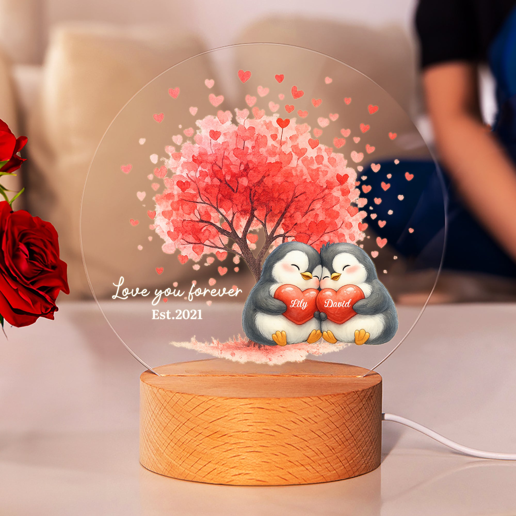 Árbol del Amor Personalizado Pingüino Pareja LED Luz de Noche con Nombre Fecha y Base de Madera Decoración del Hogar Día de San Valentín Regalo de Cumpleaños para Parejas