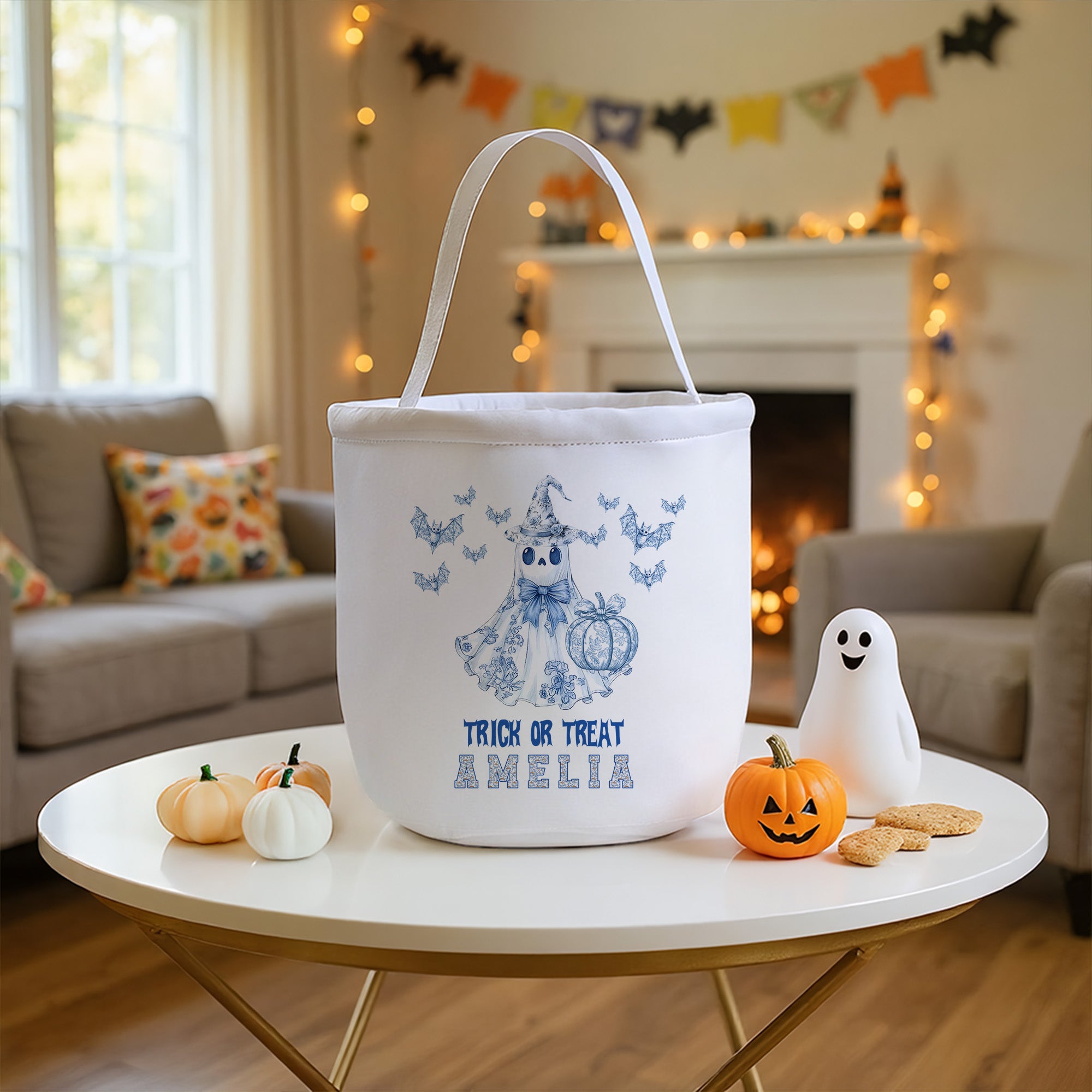 Personalizada Espeluznante Fantasma Calabaza Toile De Jouy Lienzo Cesta de Halloween con Nombre Fiesta de Halloween Regalo para Niños Familia