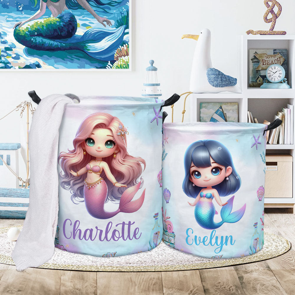 Personalizado 3D de dibujos animados de fantasía de sirena de diseño impermeable grande de lavandería cesta de almacenamiento con el nombre de vivero de decoración de cumpleaños de regalo para la fami