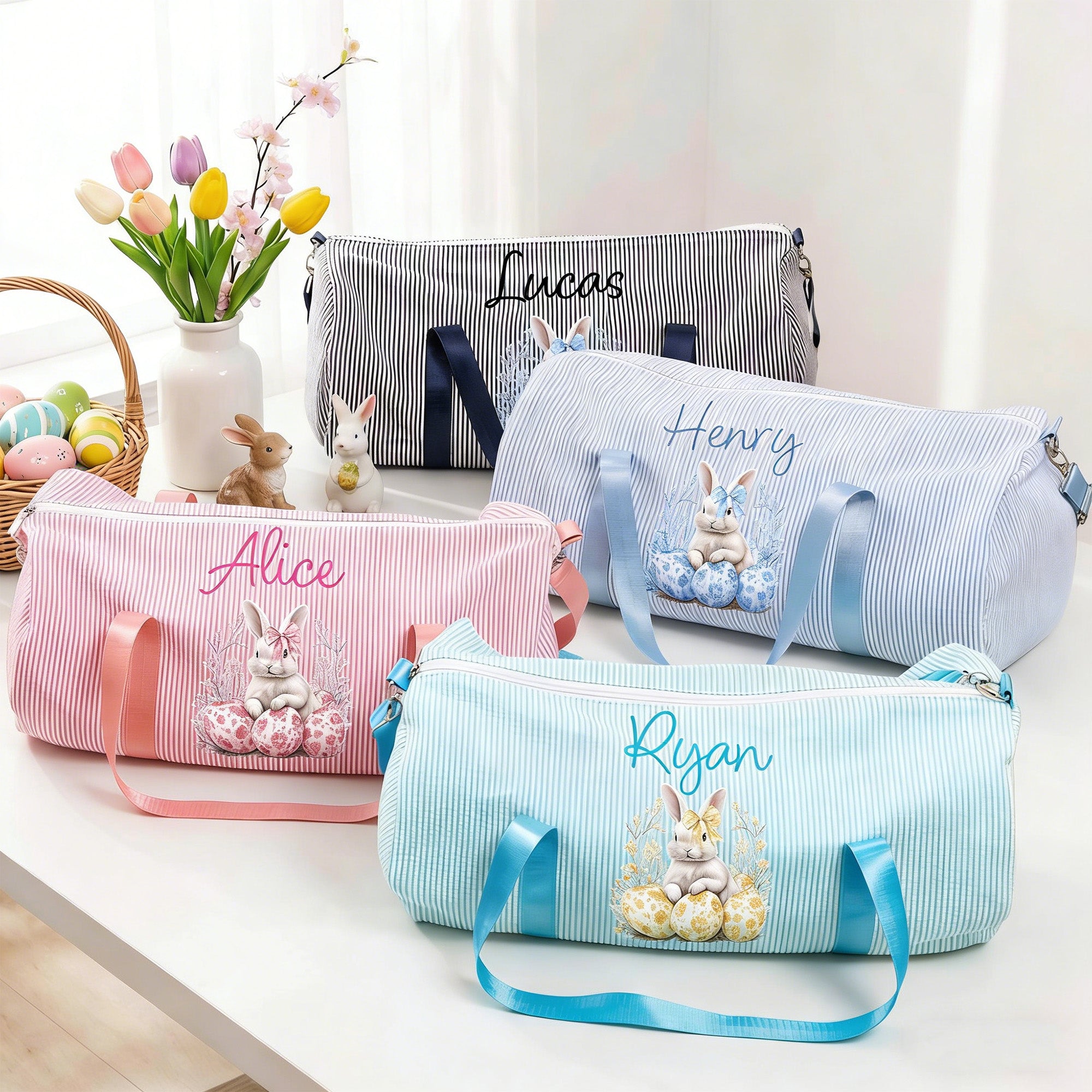 Conejito de Pascua con lazo de acuarela personalizado Huevo de Pascua a rayas Bolsa de viaje de lona de gran capacidad con nombre y correa para el hombro Regalo de Pascua para niños