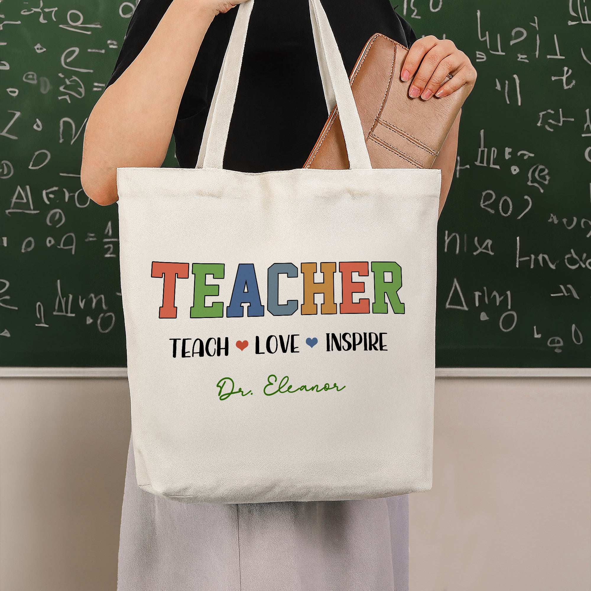 Bolsa de lona de gran capacidad personalizada Teach Love Inspire con texto Día del Profesor Agradecimiento Regalo de vuelta al cole para profesores
