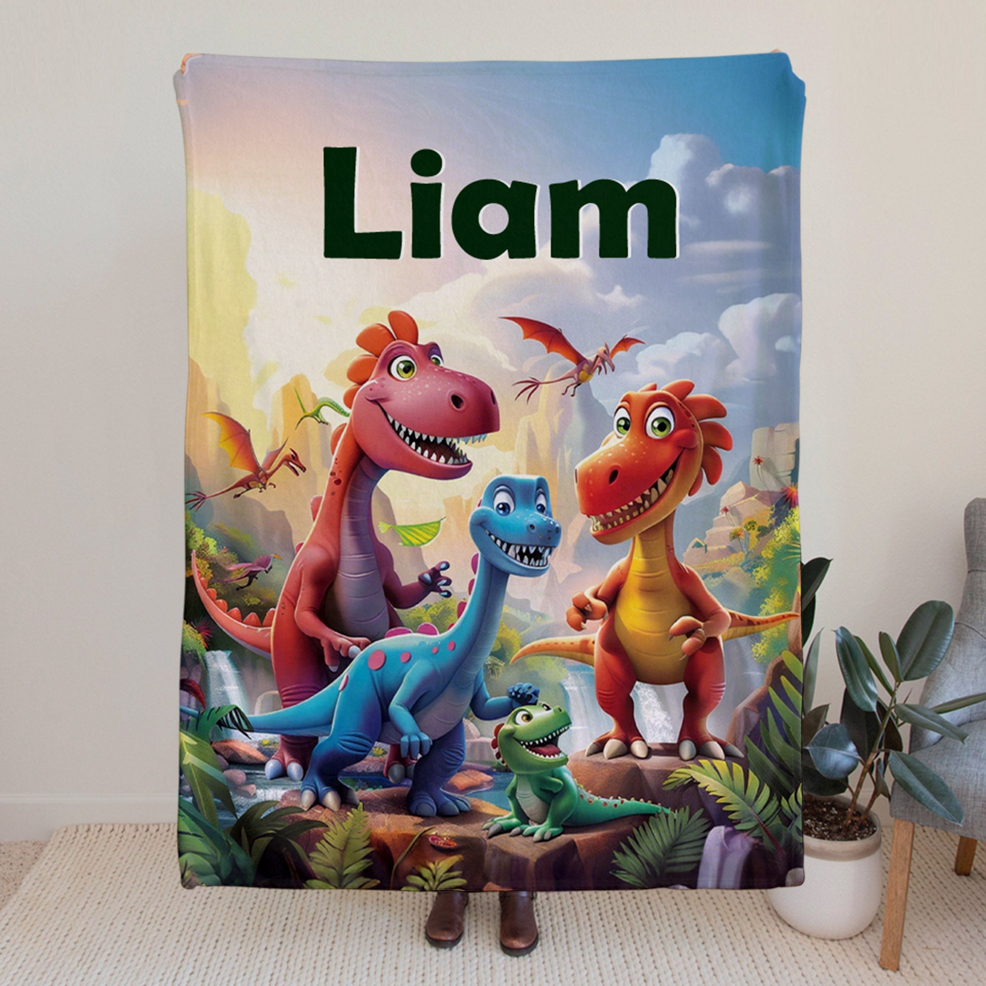 Dinosaurios Personalizados Fantasía Unicornios Manta Suave con Nombre Decoración del Hogar Regalo de Cumpleaños para Niños
