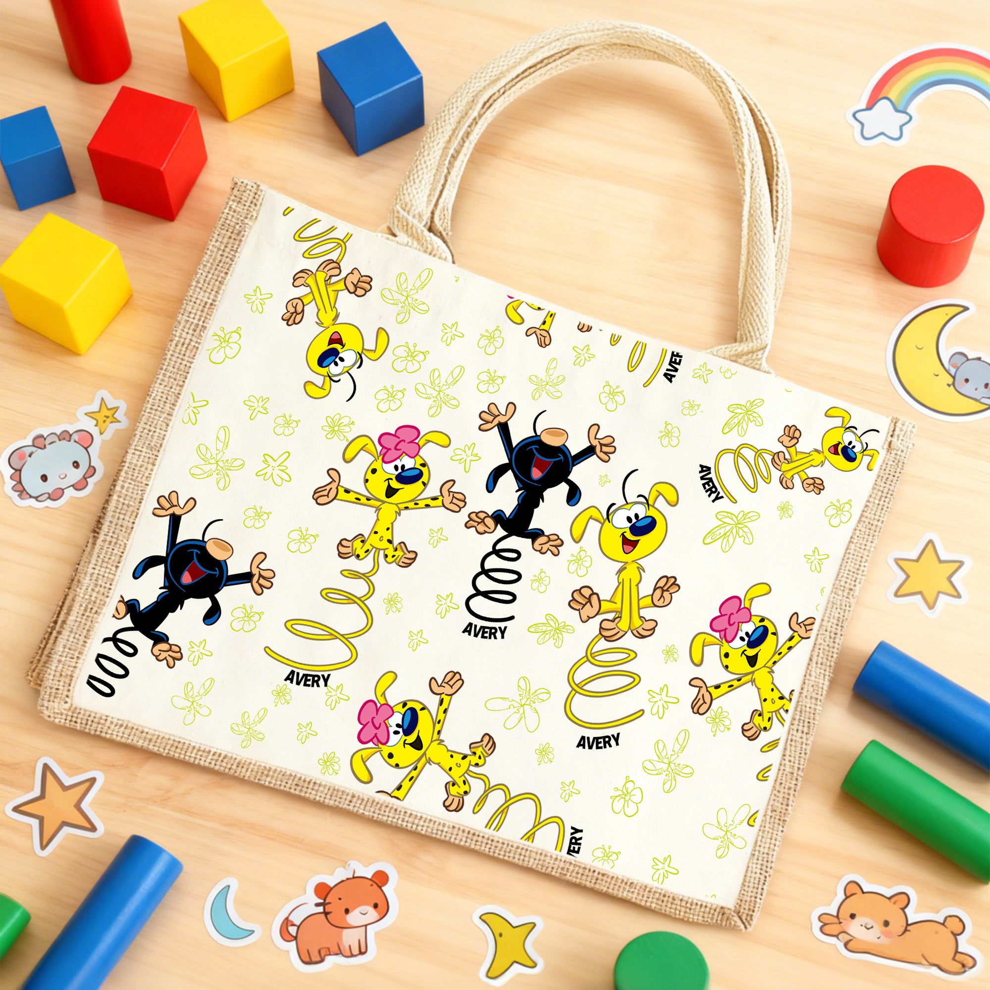 Bolsa grande de yute personalizada con nombre Marsupilami que salta con la cola Regalo de cumpleaños Aniversario para niños | Callie × Marsupilami
